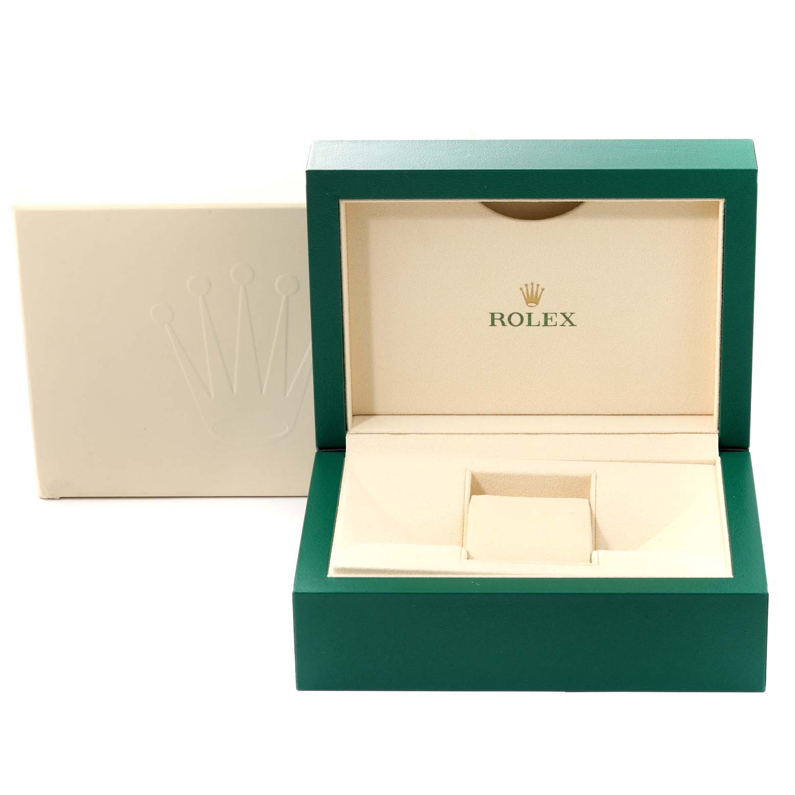 This image shows the opened packaging box for a Rolex Datejust 116233 Men's Steel and Gold (two tone) Champagne Dial 116233 Men's Steel and Gold (two tone) Champagne Dial model watch, including its green outer box and beige inner cushion.