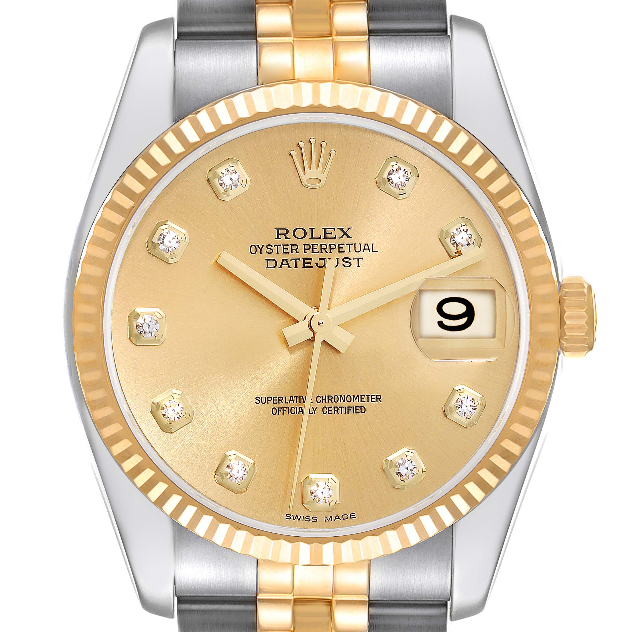 The image shows a close-up of the face and part of the bracelet of a Rolex Datejust 116233 Men's Steel and Gold (two tone) Champagne Dial 116233 Men's Steel and Gold (two tone) Champagne Dial watch, showcasing the gold and silver design with diamond hour markers.
