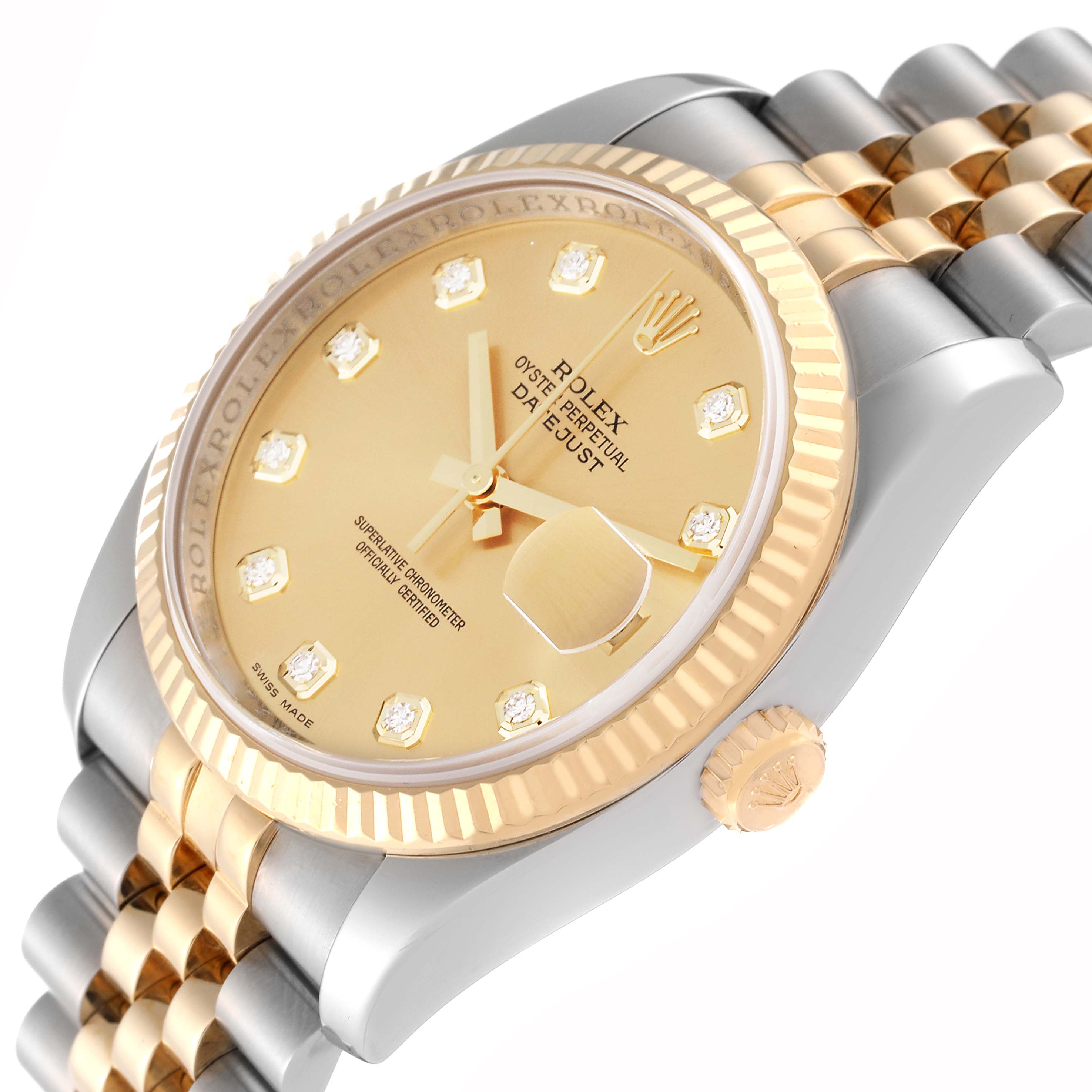 The Rolex Datejust 116233 Men's Steel and Gold (two tone) Champagne Dial 116233 Men's Steel and Gold (two tone) Champagne Dial watch is shown from an angled close-up, highlighting its gold and silver bracelet, bezel, and dial with diamond markers.