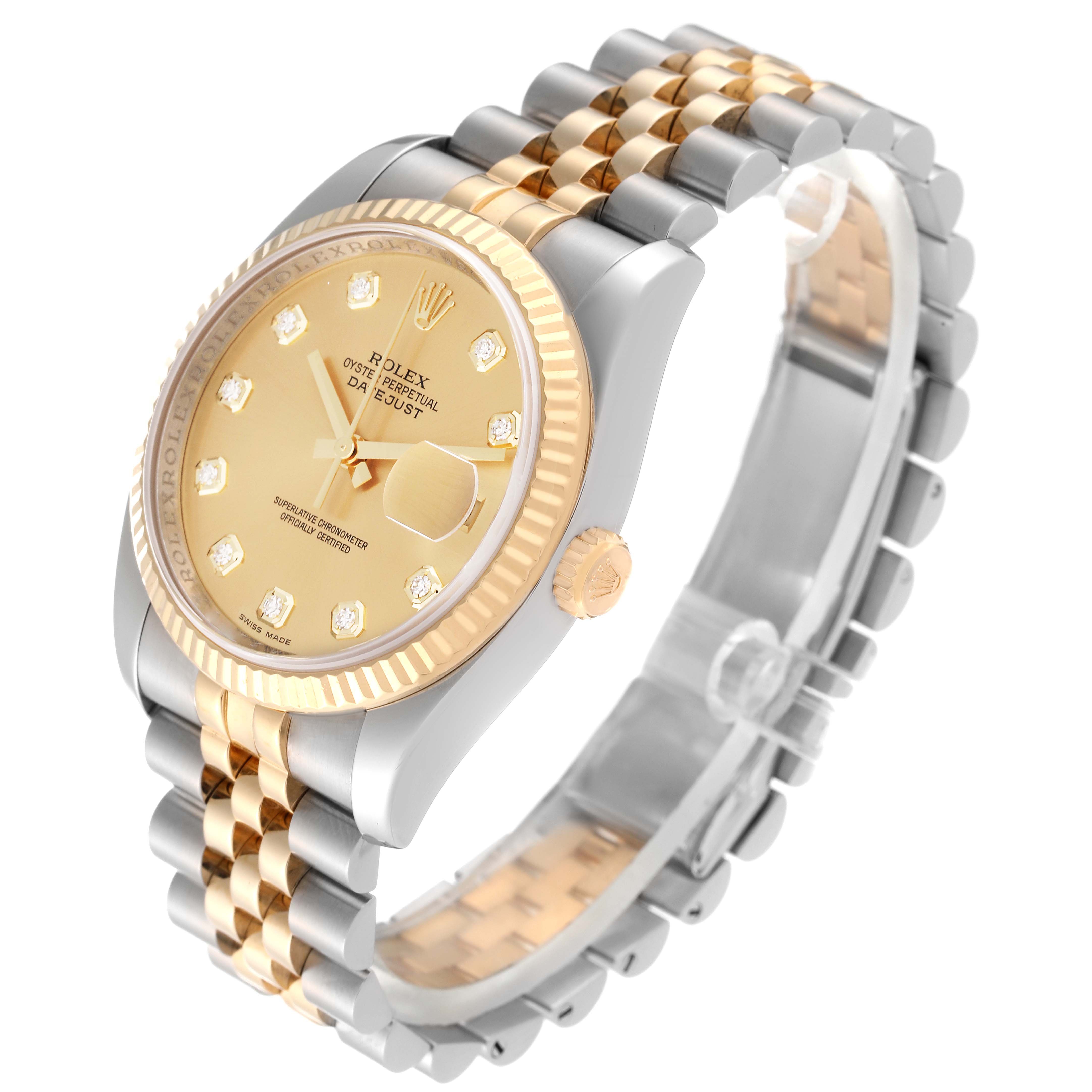 The Rolex Datejust 116233 Men's Steel and Gold (two tone) Champagne Dial 116233 Men's Steel and Gold (two tone) Champagne Dial is shown at a slight angle, highlighting the gold and silver band, bezel, and golden dial with diamond markers.