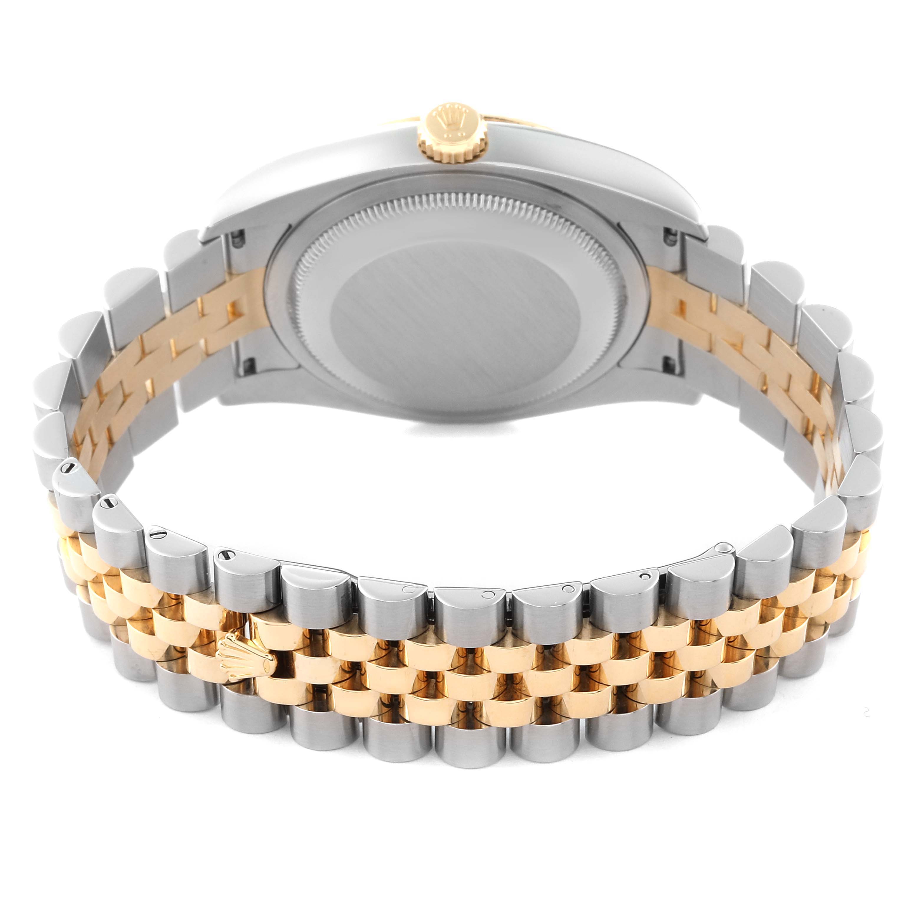 This image shows the backside and bracelet of a Rolex Datejust 116233 Men's Steel and Gold (two tone) Champagne Dial 116233 Men's Steel and Gold (two tone) Champagne Dial watch, featuring a two-tone silver and gold design.