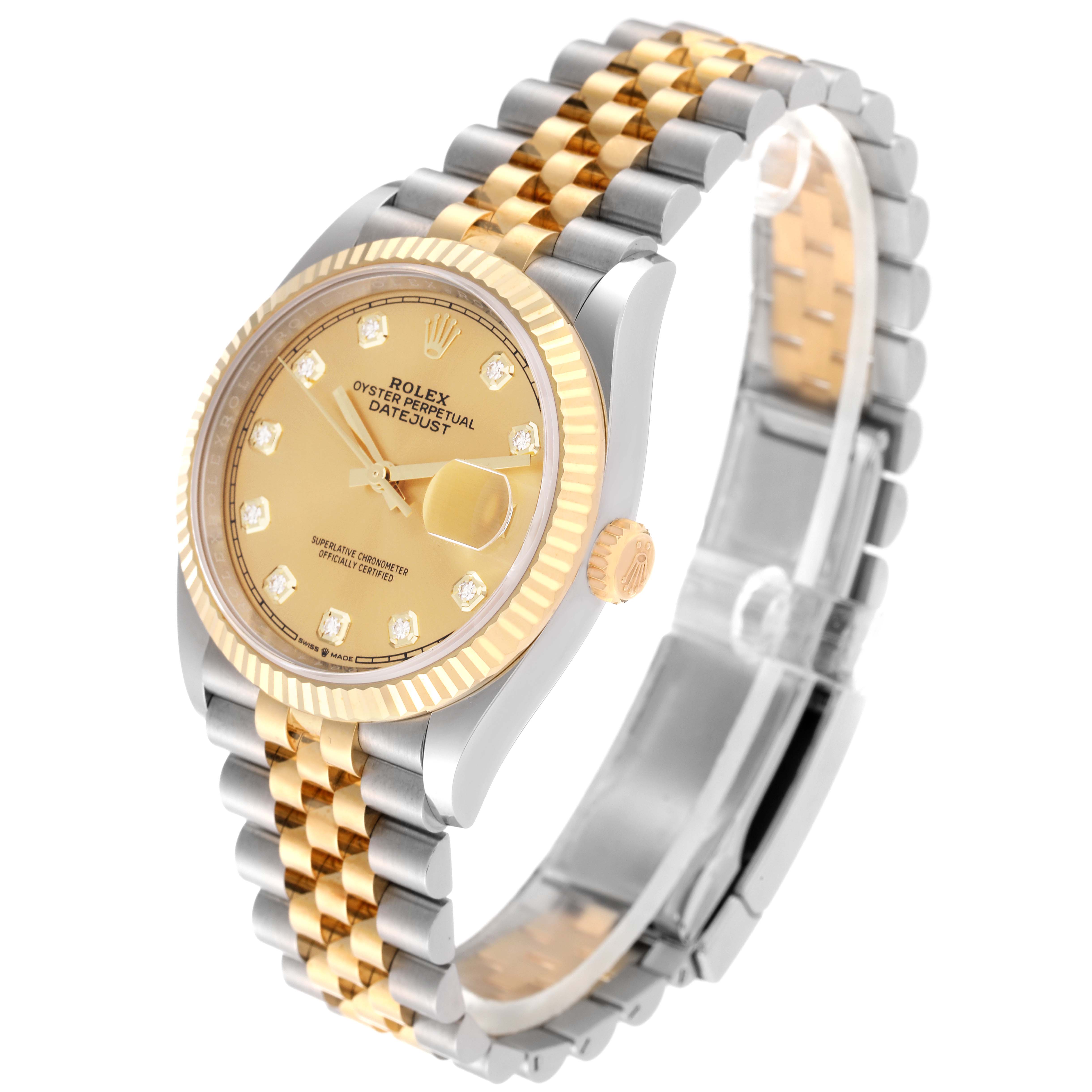 The image shows a Rolex Datejust 126233 Men's Steel and Gold (two tone) Champagne Dial 126233 Men's Steel and Gold (two tone) Champagne Dial watch angled slightly to showcase the face, bezel, crown, and part of the bracelet.