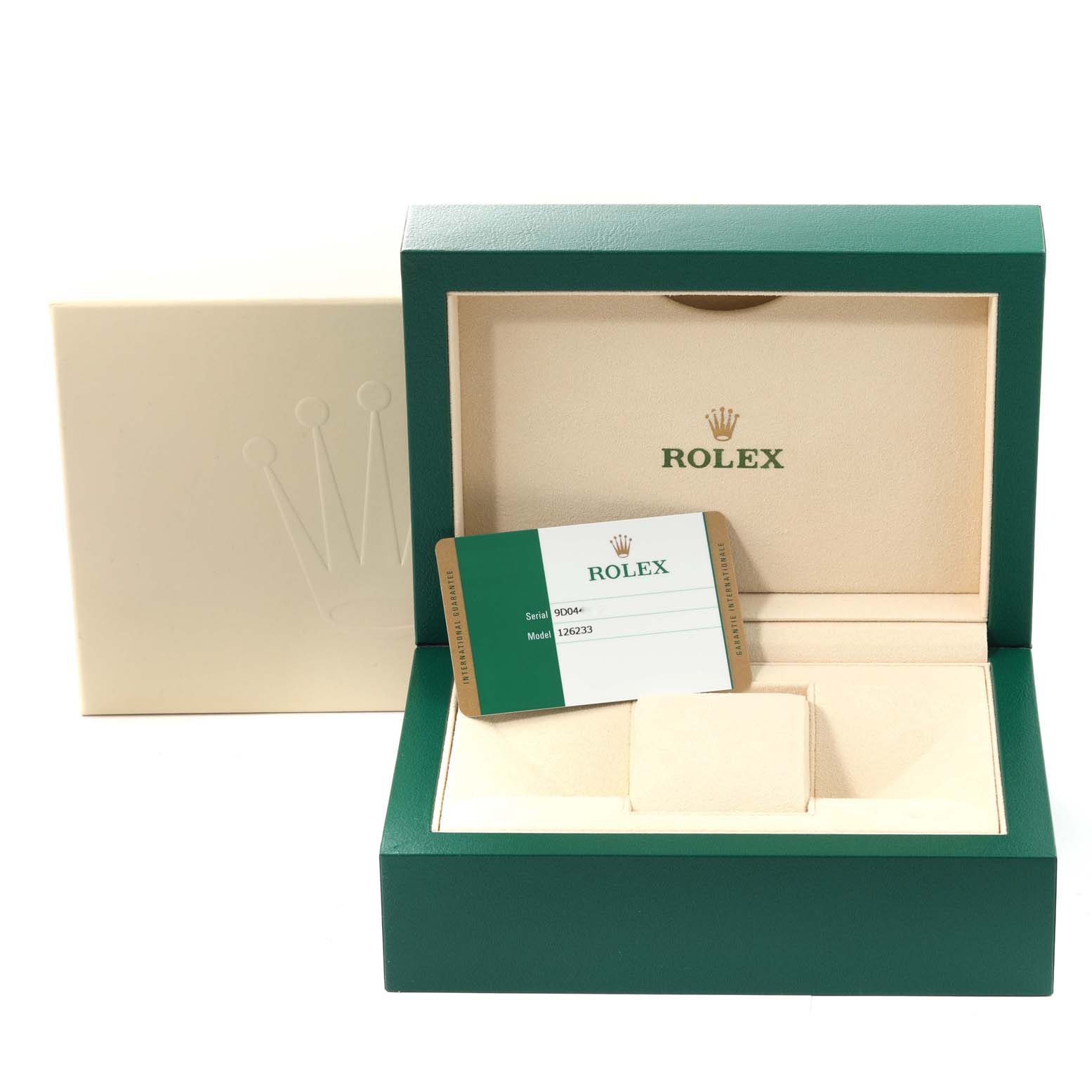 The image shows a Rolex Datejust 126233 Men's Steel and Gold (two tone) Champagne Dial 126233 Men's Steel and Gold (two tone) Champagne Dial watch box with an opened lid, displaying the brand card inside.