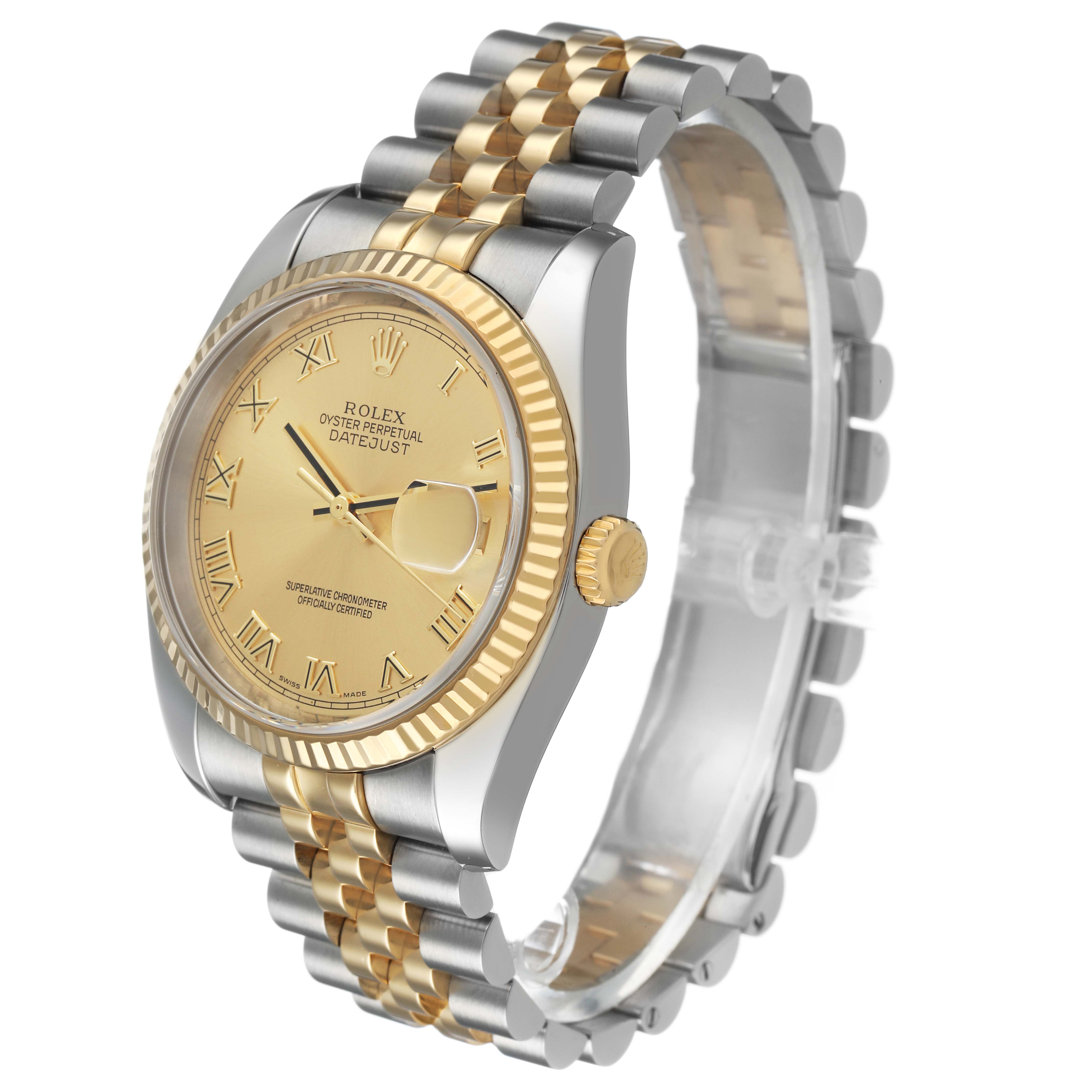 The Rolex Datejust 116233 Women's Steel and Gold (two tone) Champagne Dial watch is shown at an oblique angle, highlighting the dial, fluted bezel, crown, and two-tone jubilee bracelet.