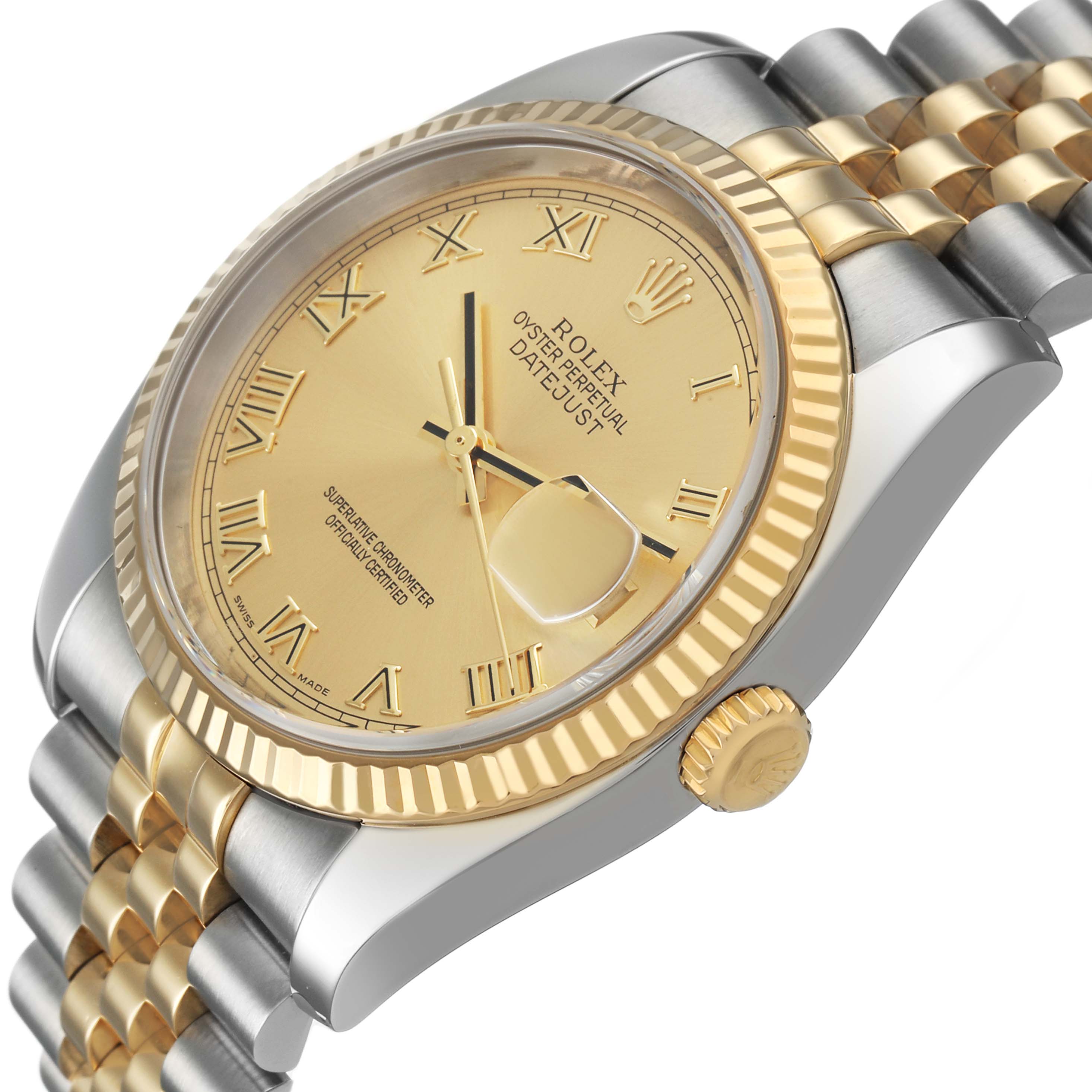 The Rolex Datejust 116233 Women's Steel and Gold (two tone) Champagne Dial watch is shown at an angled side view, highlighting the case, fluted bezel, dial, and bracelet.