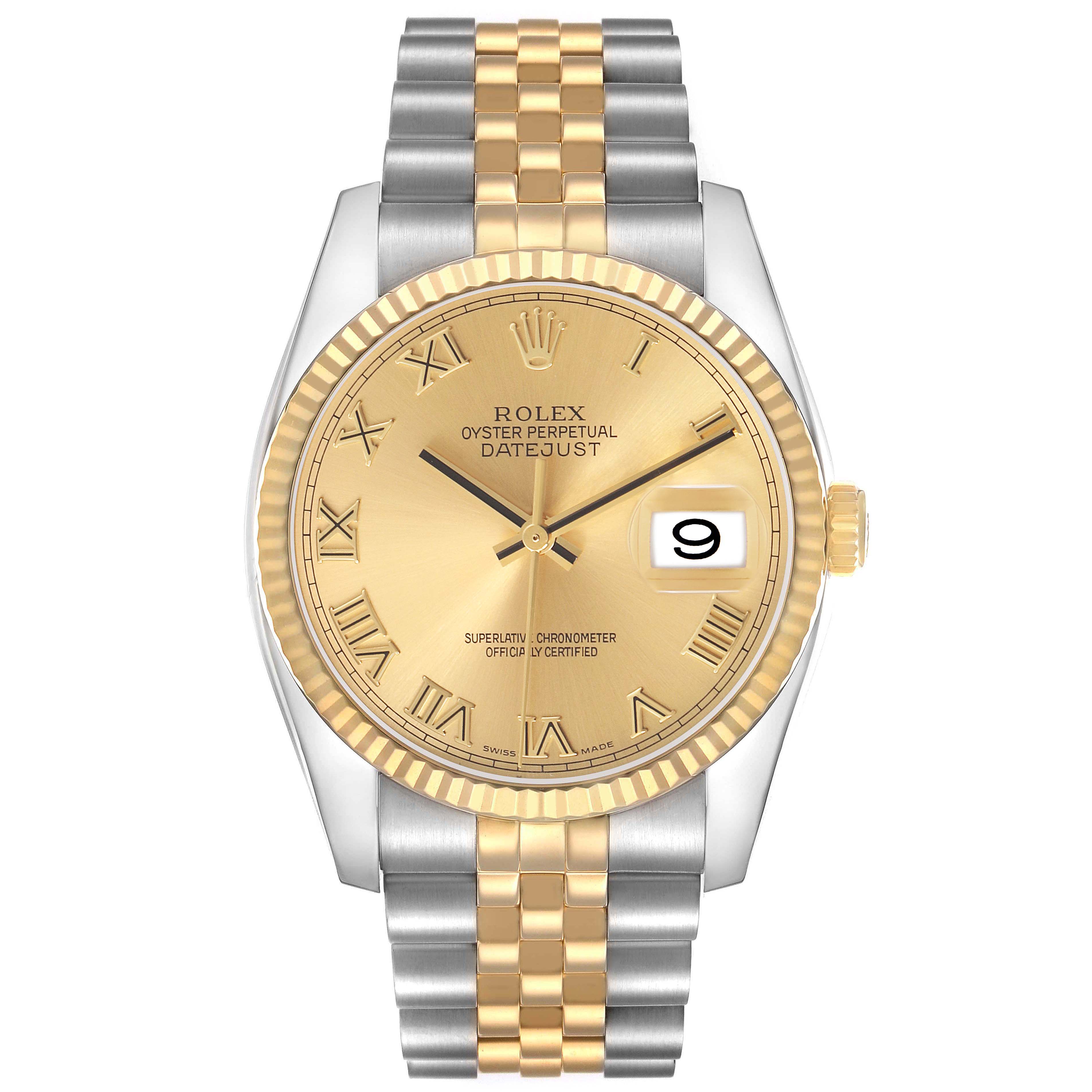 The Rolex Datejust 116233 Women's Steel and Gold (two tone) Champagne Dial watch is shown from the front, displaying the gold dial, fluted bezel, and two-tone bracelet.