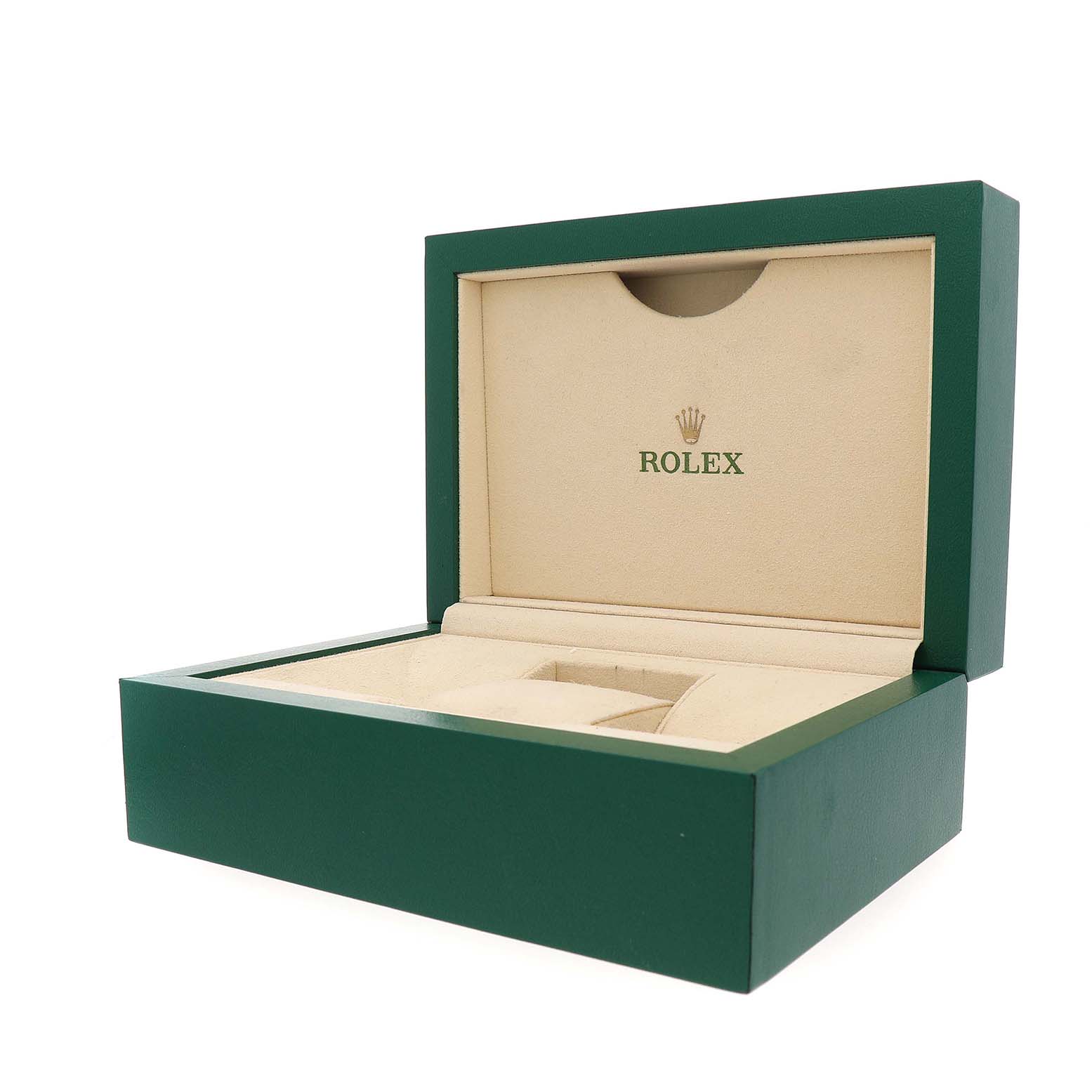 The image shows an open green and beige Rolex Datejust 116233 Women's Steel and Gold (two tone) Champagne Dial watch box with the logo inside.