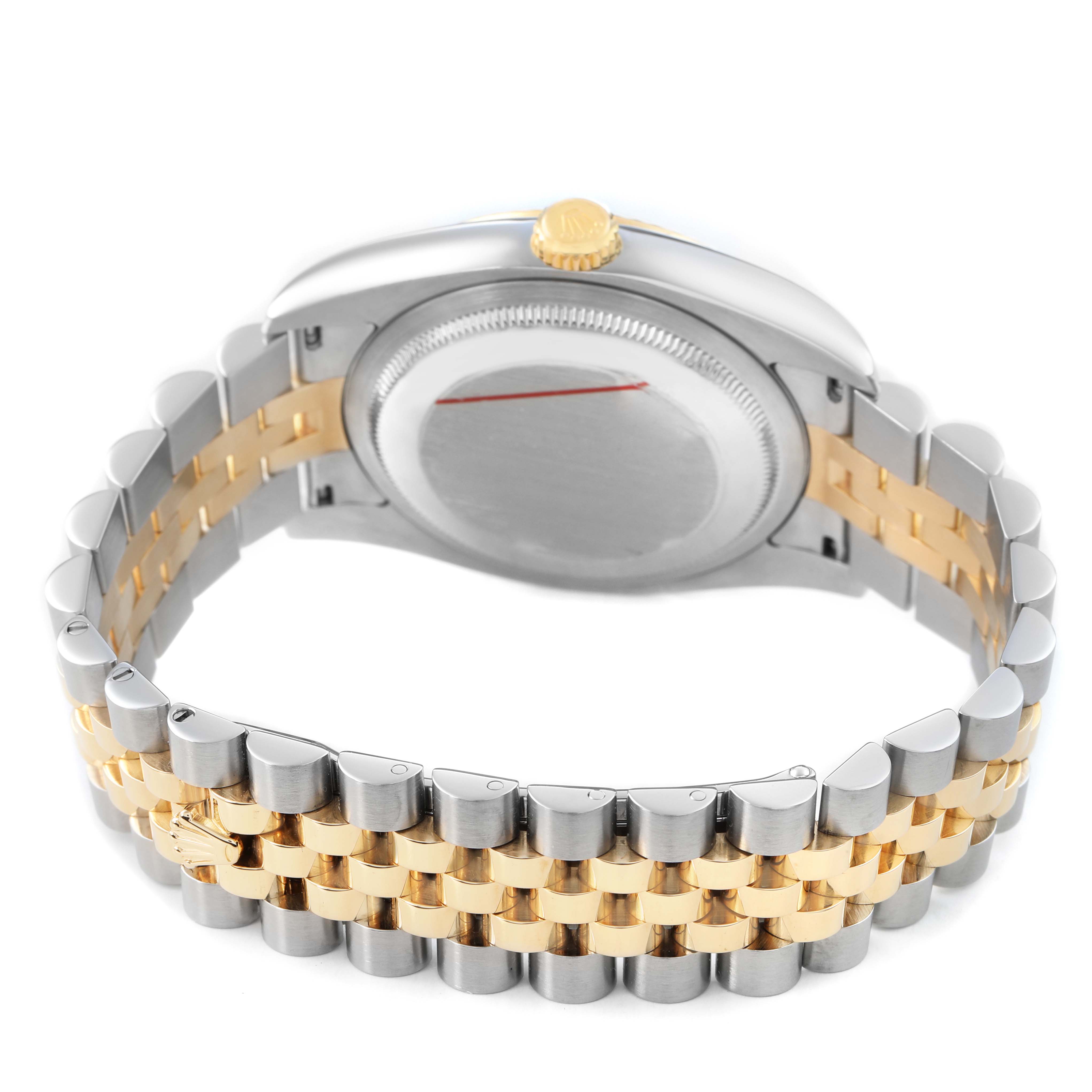 The image shows the back of a Rolex Datejust 116233 Women's Steel and Gold (two tone) Champagne Dial watch, highlighting the two-tone Jubilee bracelet and the case back.
