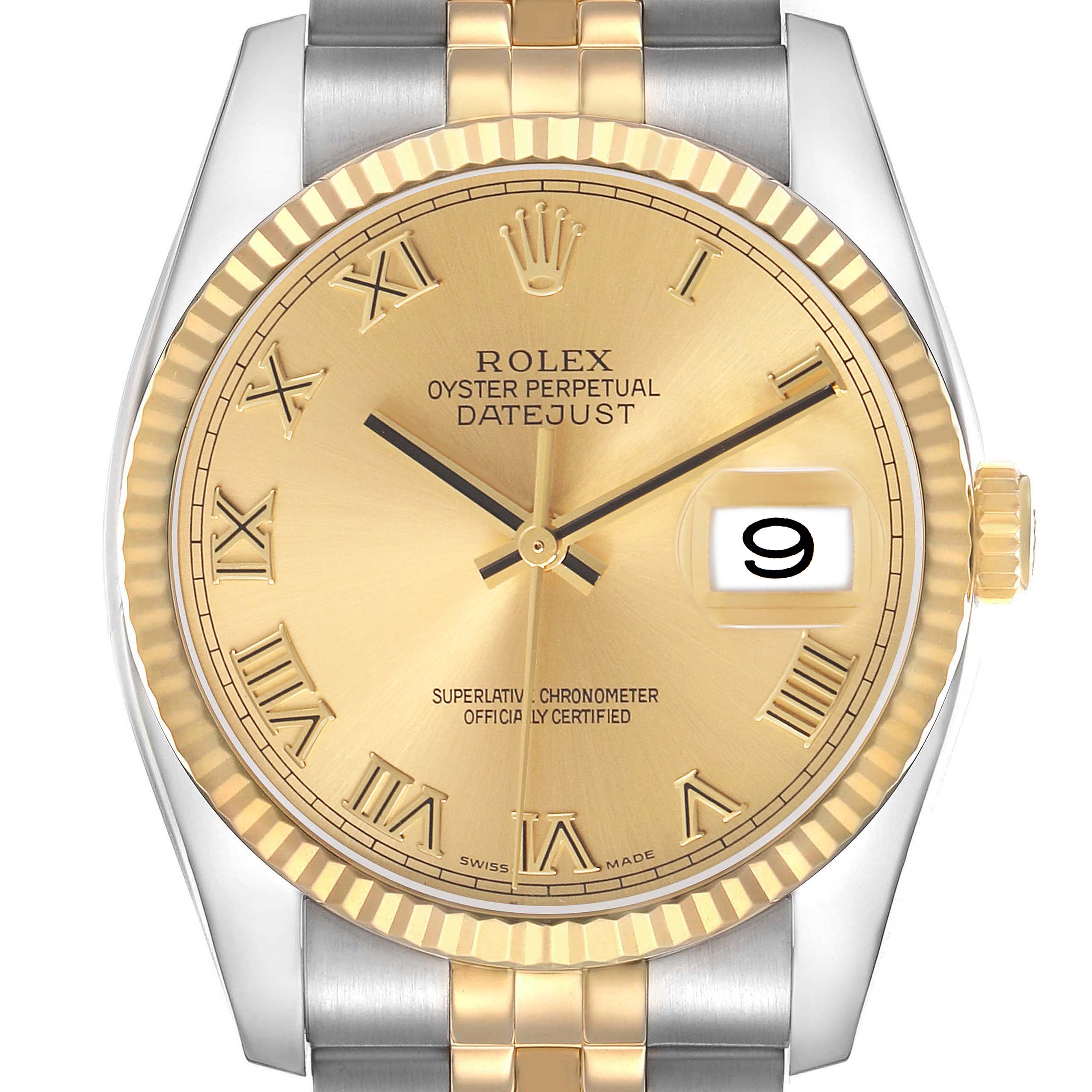 This image shows a frontal view of a Rolex Datejust 116233 Women's Steel and Gold (two tone) Champagne Dial watch, highlighting the dial, Roman numerals, bezel, and part of the bracelet.
