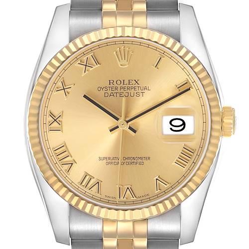 Photo of Rolex Datejust Steel Yellow Gold Champagne Roman Dial Mens Watch 116233