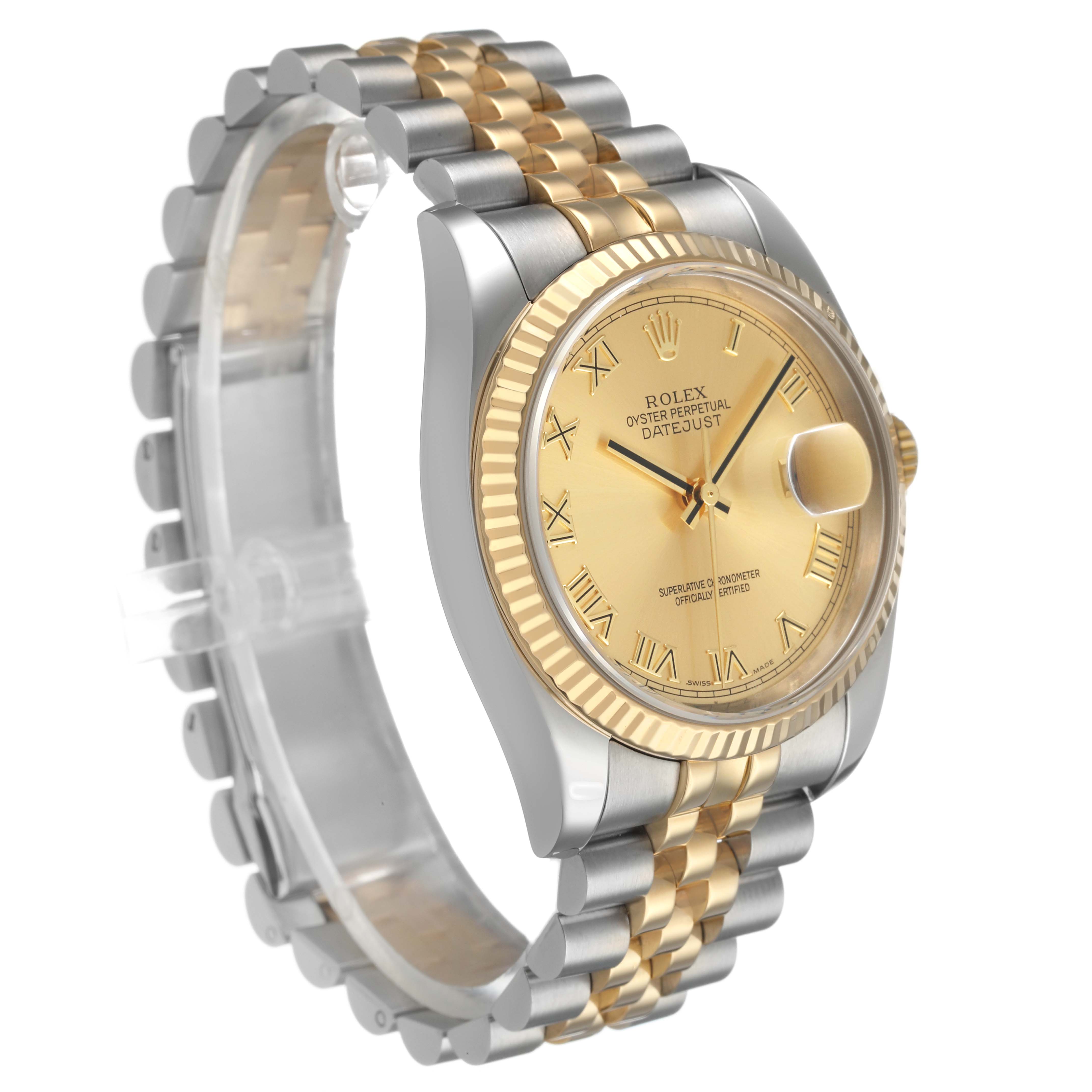 The Rolex Datejust 116233 Women's Steel and Gold (two tone) Champagne Dial is shown at a slight angle, highlighting the gold dial, fluted bezel, and Jubilee bracelet.