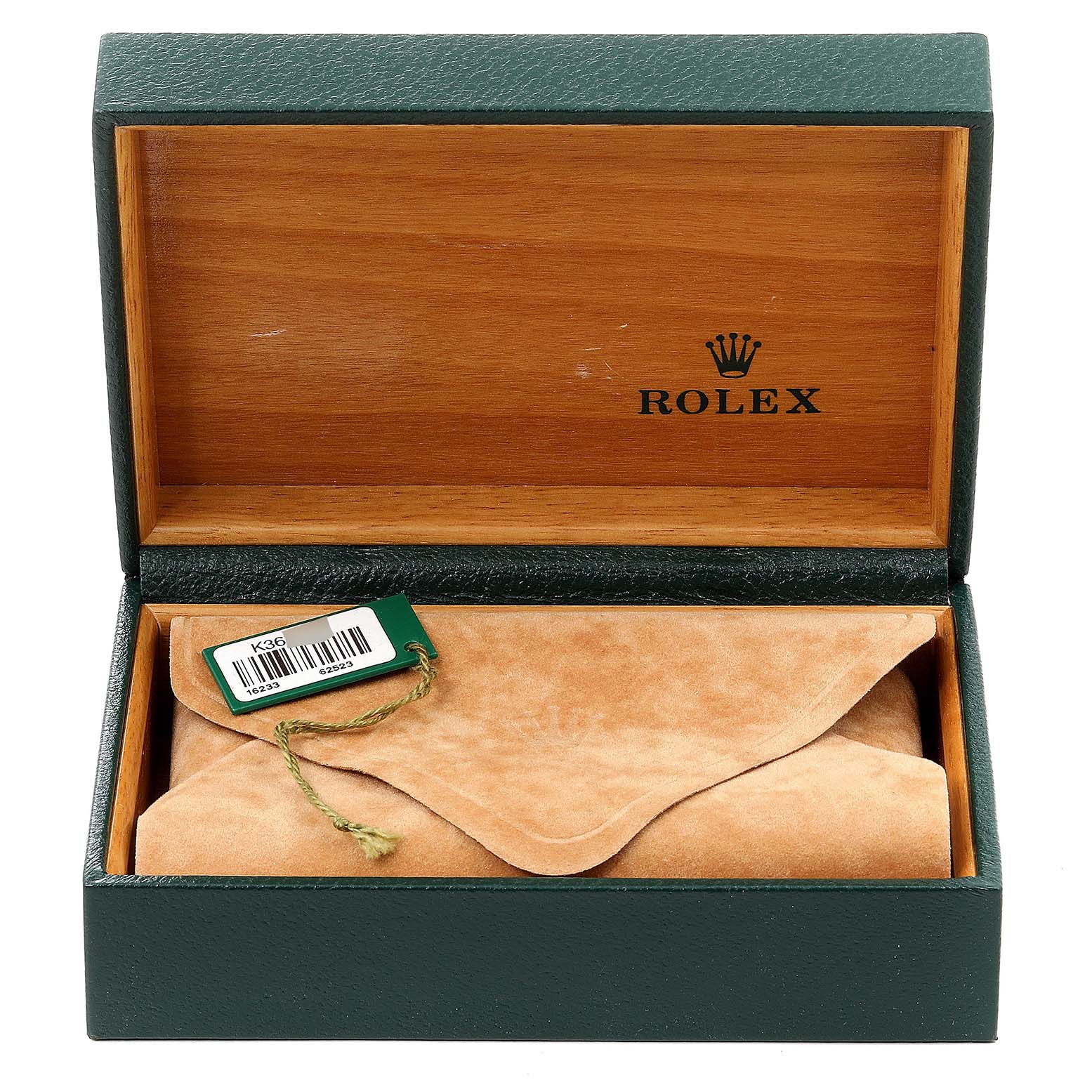 This image shows an open Rolex Datejust 16233 Men's Steel and Gold (two tone) Mother of Pearl Dial 16233 Men's Steel and Gold (two tone) Mother of Pearl Dial watch box with a watch pouch and tag inside.