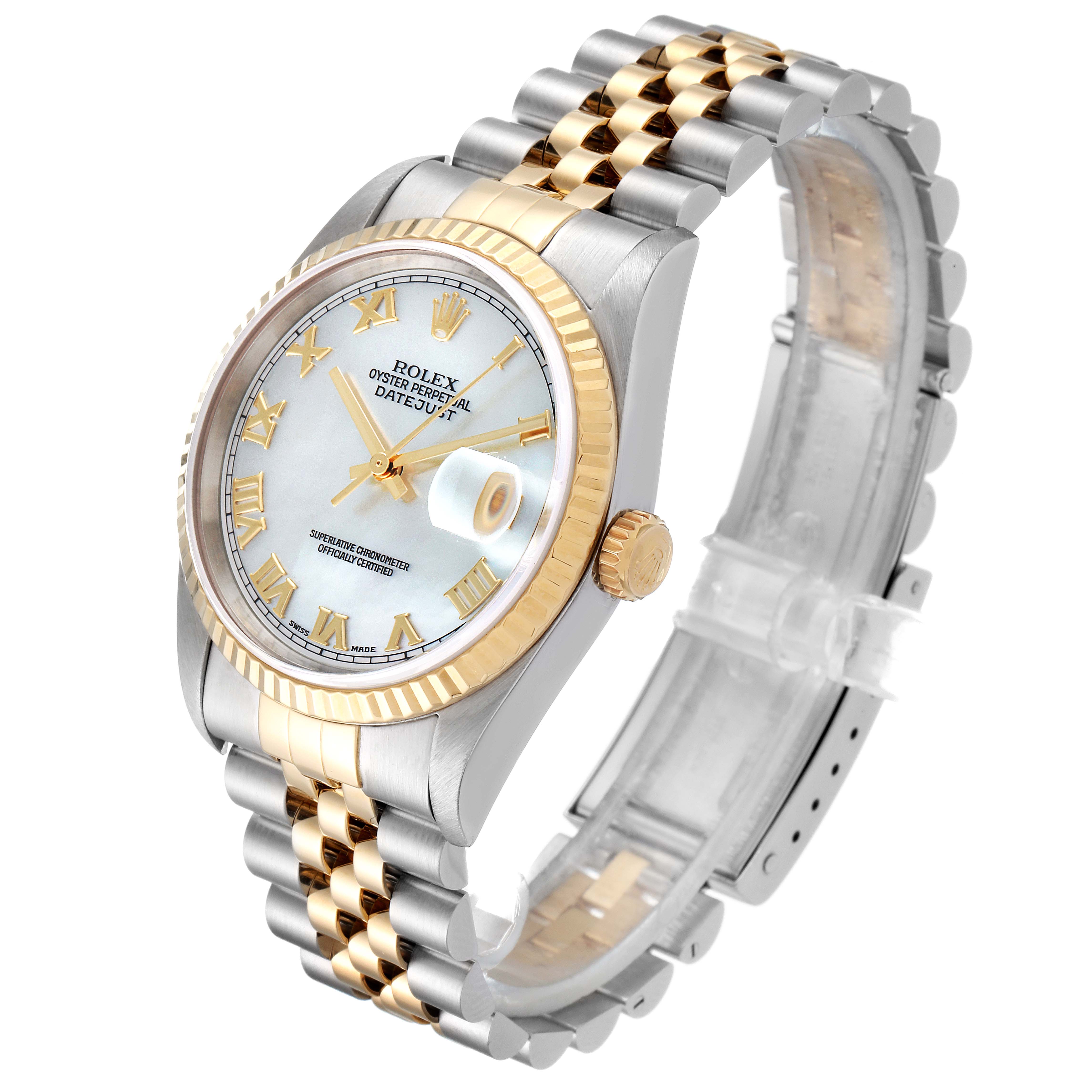 The image shows a Rolex Datejust 16233 Men's Steel and Gold (two tone) Mother of Pearl Dial 16233 Men's Steel and Gold (two tone) Mother of Pearl Dial watch at a three-quarter angle, highlighting its dial, bezel, crown, and jubilee bracelet.