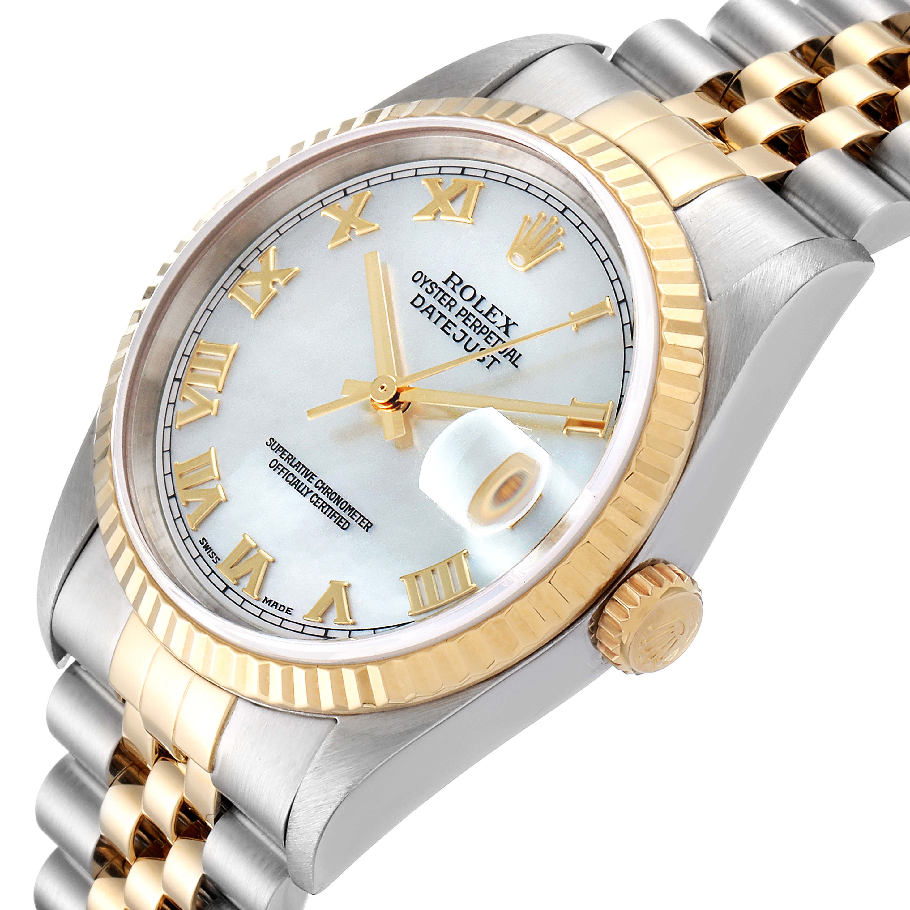 The Rolex Datejust 16233 Men's Steel and Gold (two tone) Mother of Pearl Dial 16233 Men's Steel and Gold (two tone) Mother of Pearl Dial model watch is shown at an angled side view, highlighting its dial, bezel, and crown.