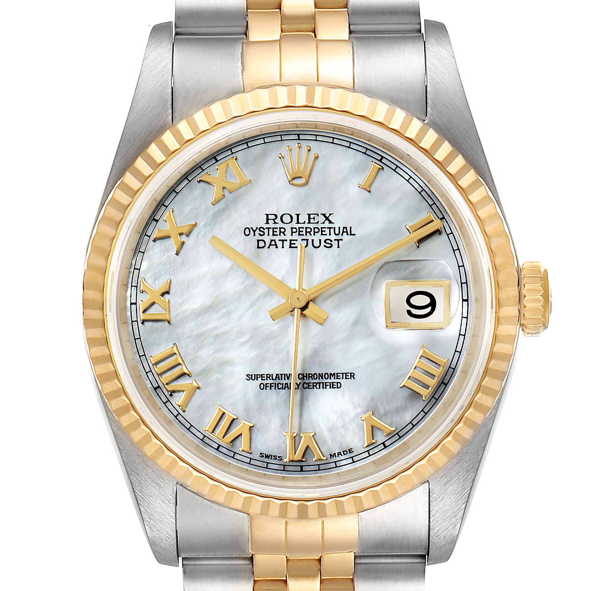 The image shows a close-up, front-facing view of the Rolex Datejust 16233 Men's Steel and Gold (two tone) Mother of Pearl Dial 16233 Men's Steel and Gold (two tone) Mother of Pearl Dial watch, highlighting the dial, bezel, crown, and part of the bracelet.