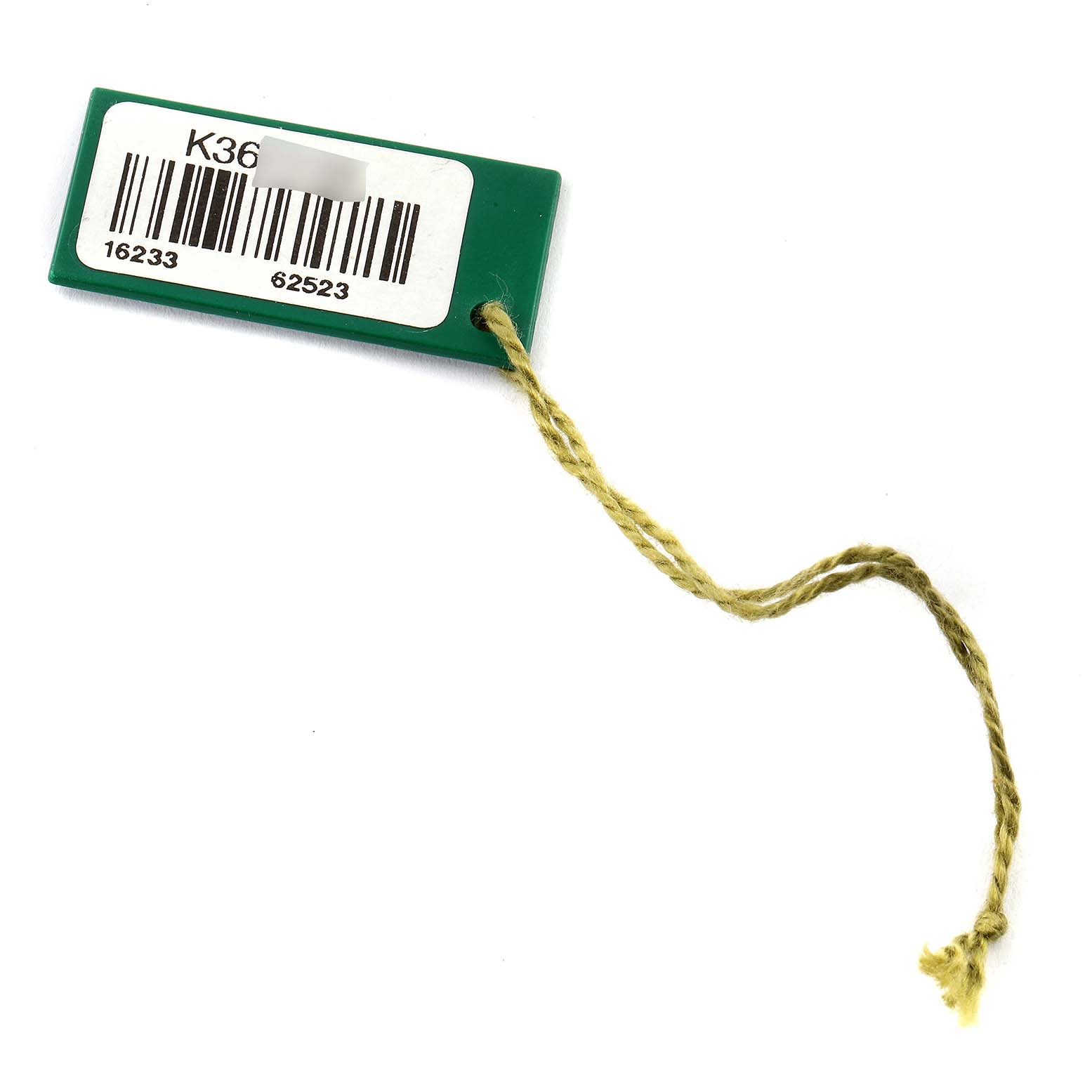 The image shows a rectangular green tag with a white barcode label attached by a yellow string, likely an accessory for a Rolex Datejust 16233 Men's Steel and Gold (two tone) Mother of Pearl Dial 16233 Men's Steel and Gold (two tone) Mother of Pearl Dial watch.