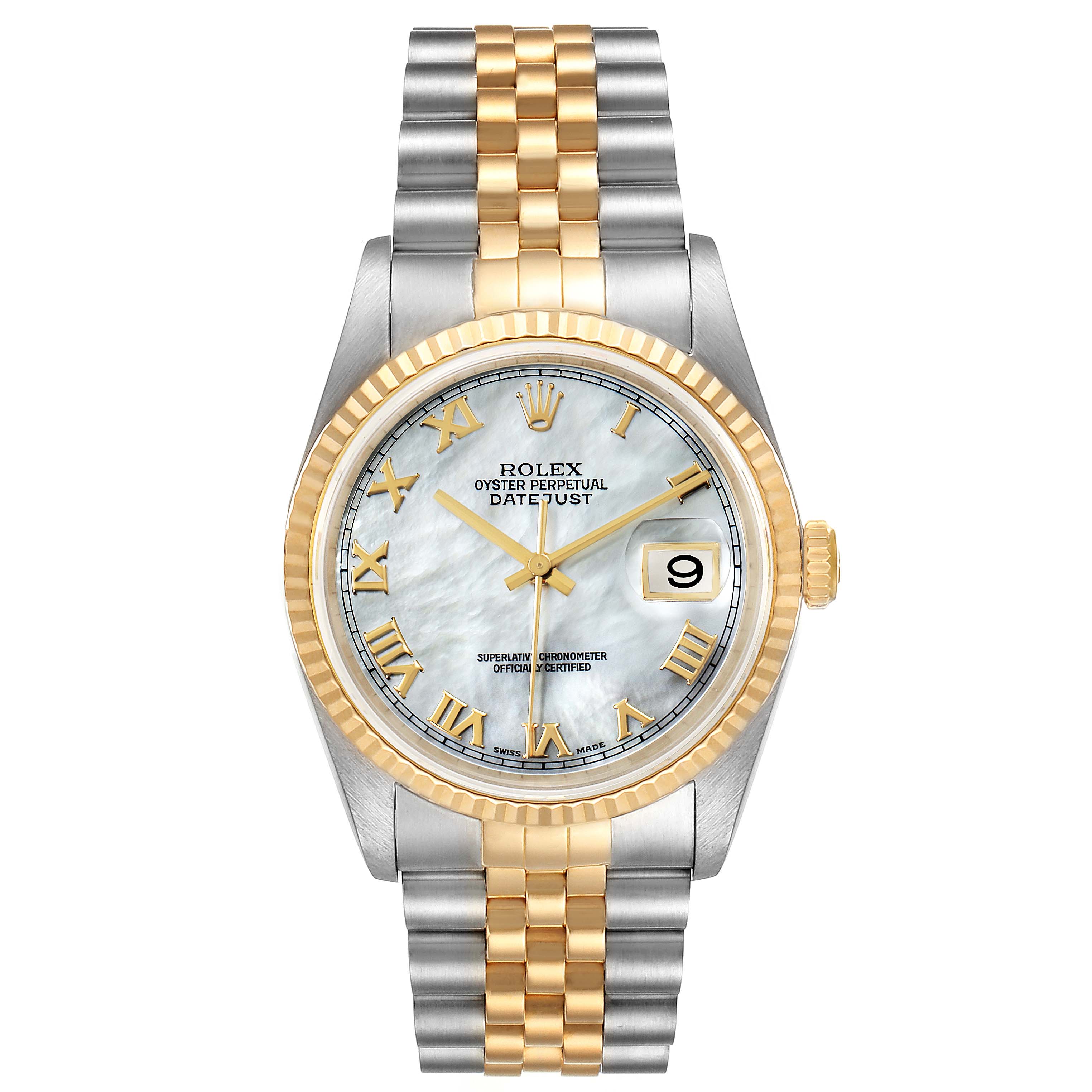 This Rolex Datejust 16233 Men's Steel and Gold (two tone) Mother of Pearl Dial 16233 Men's Steel and Gold (two tone) Mother of Pearl Dial watch is shown from a straight-on angle, displaying its dial, bezel, crown, and two-tone bracelet.