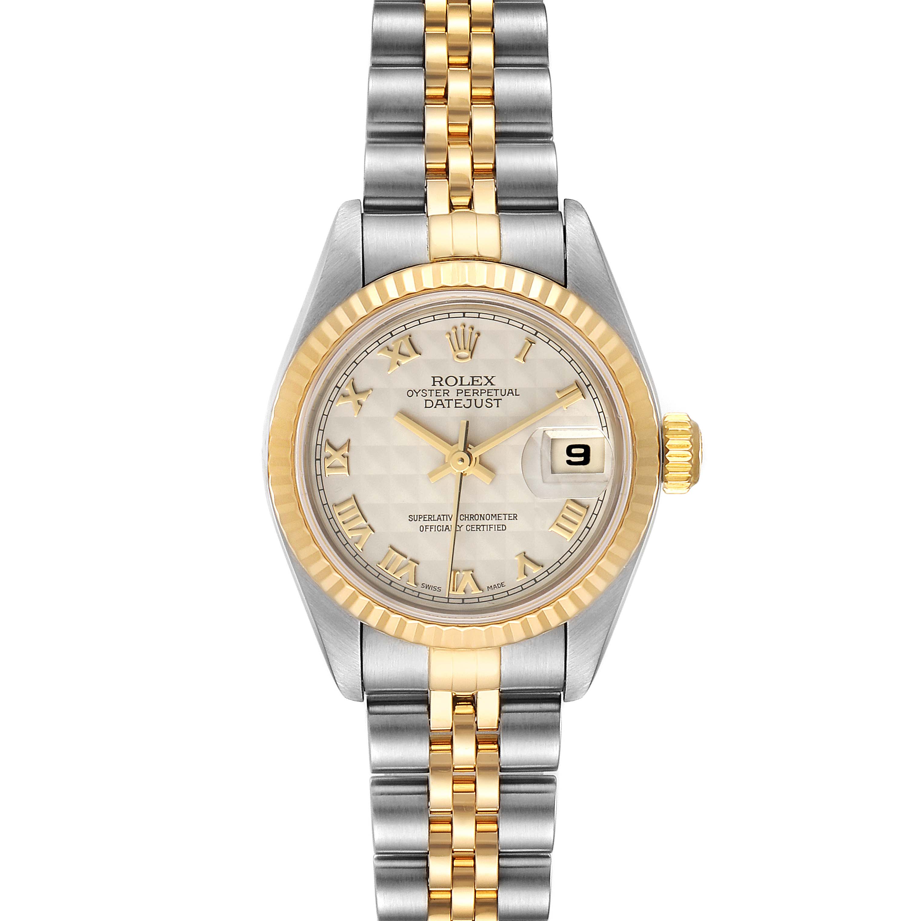 This Rolex Datejust 79173 Women's Steel and Gold (two tone) Beige Dial 79173 Women's Steel and Gold (two tone) Beige Dial watch is shown from the front, highlighting the face, bezel, and two-tone bracelet.