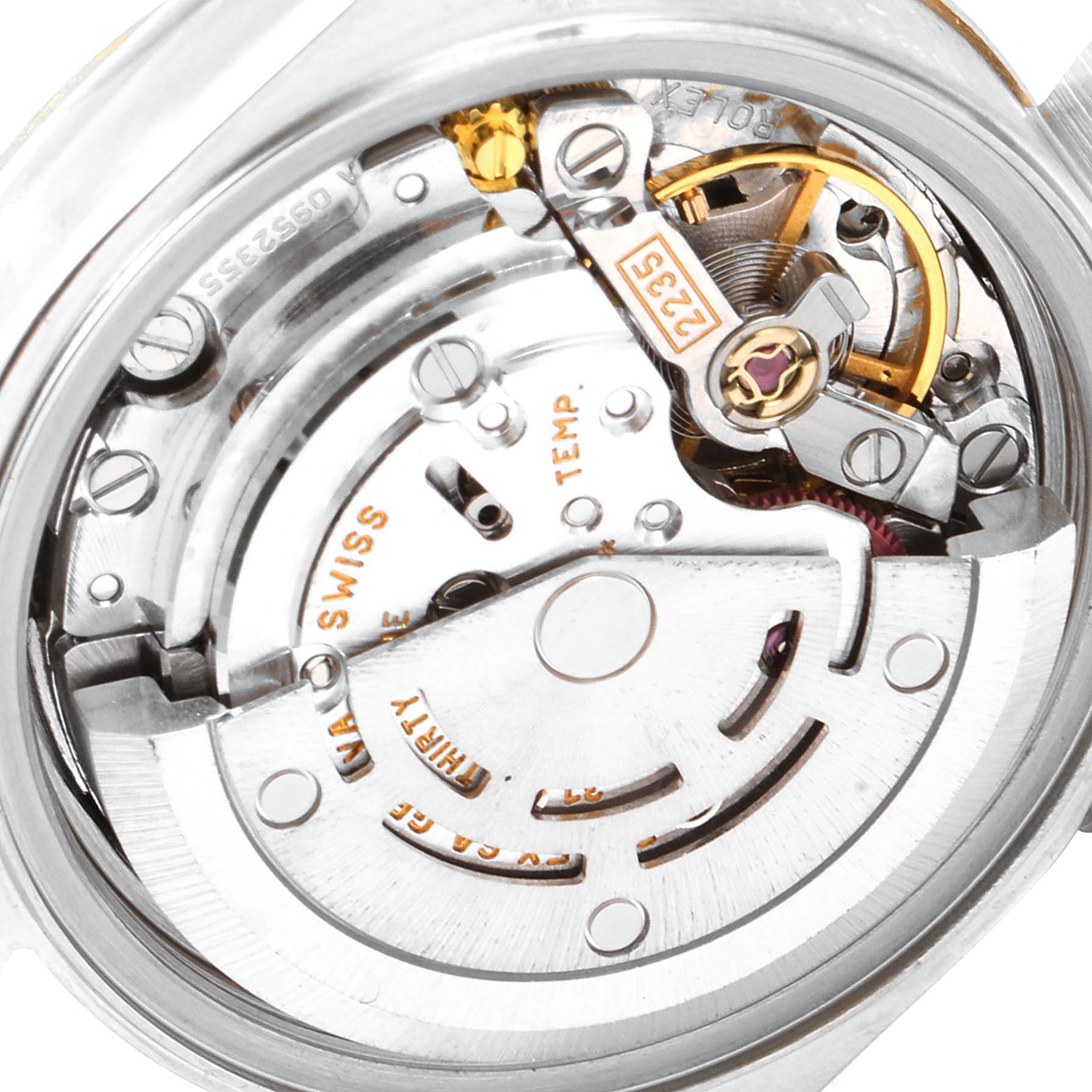 This image shows a close-up view of the movement and internal mechanism of a Rolex Datejust 79173 Women's Steel and Gold (two tone) Beige Dial 79173 Women's Steel and Gold (two tone) Beige Dial watch.