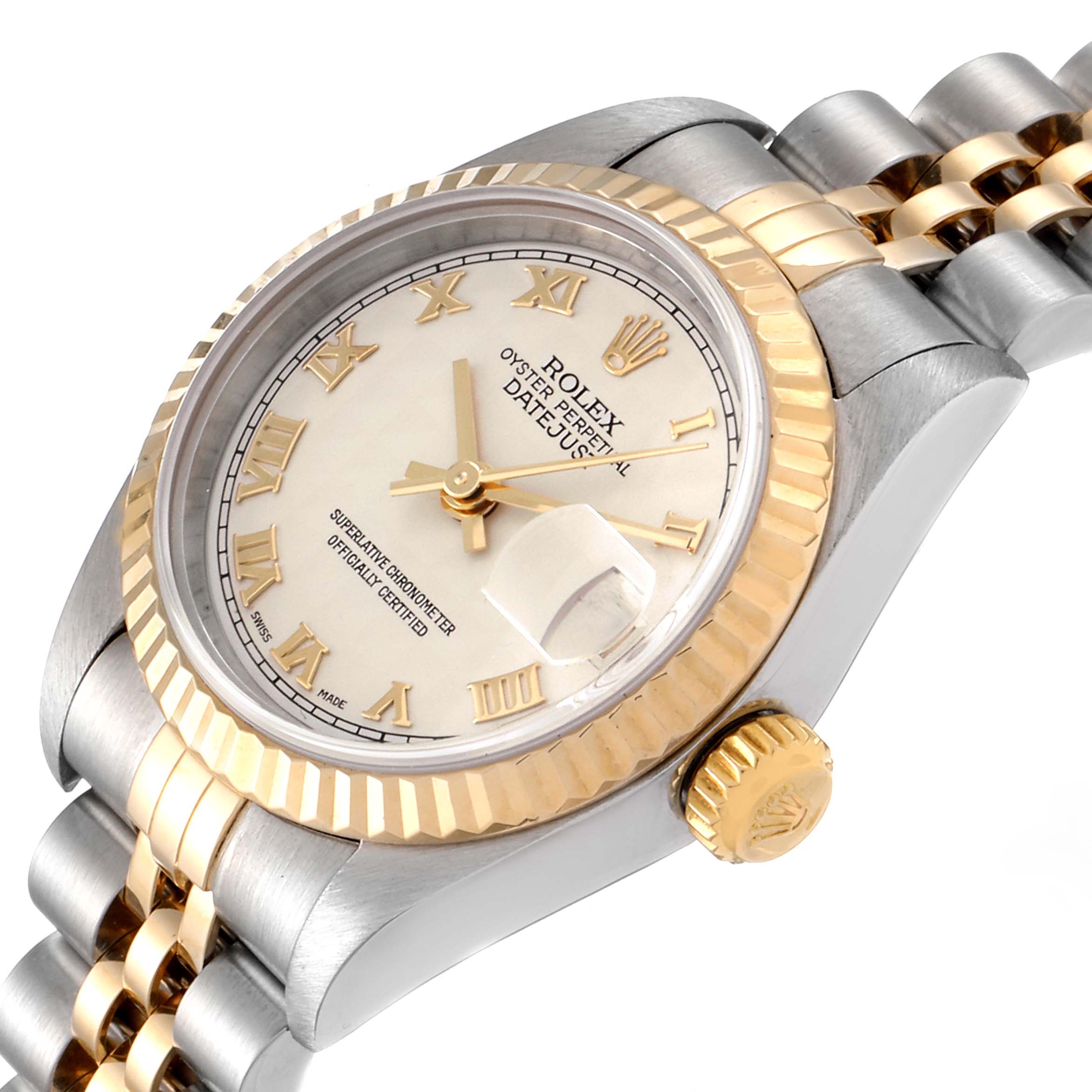 The image shows a close-up of the Rolex Datejust 79173 Women's Steel and Gold (two tone) Beige Dial 79173 Women's Steel and Gold (two tone) Beige Dial watch, focusing on the dial, bezel, crown, and bracelet.
