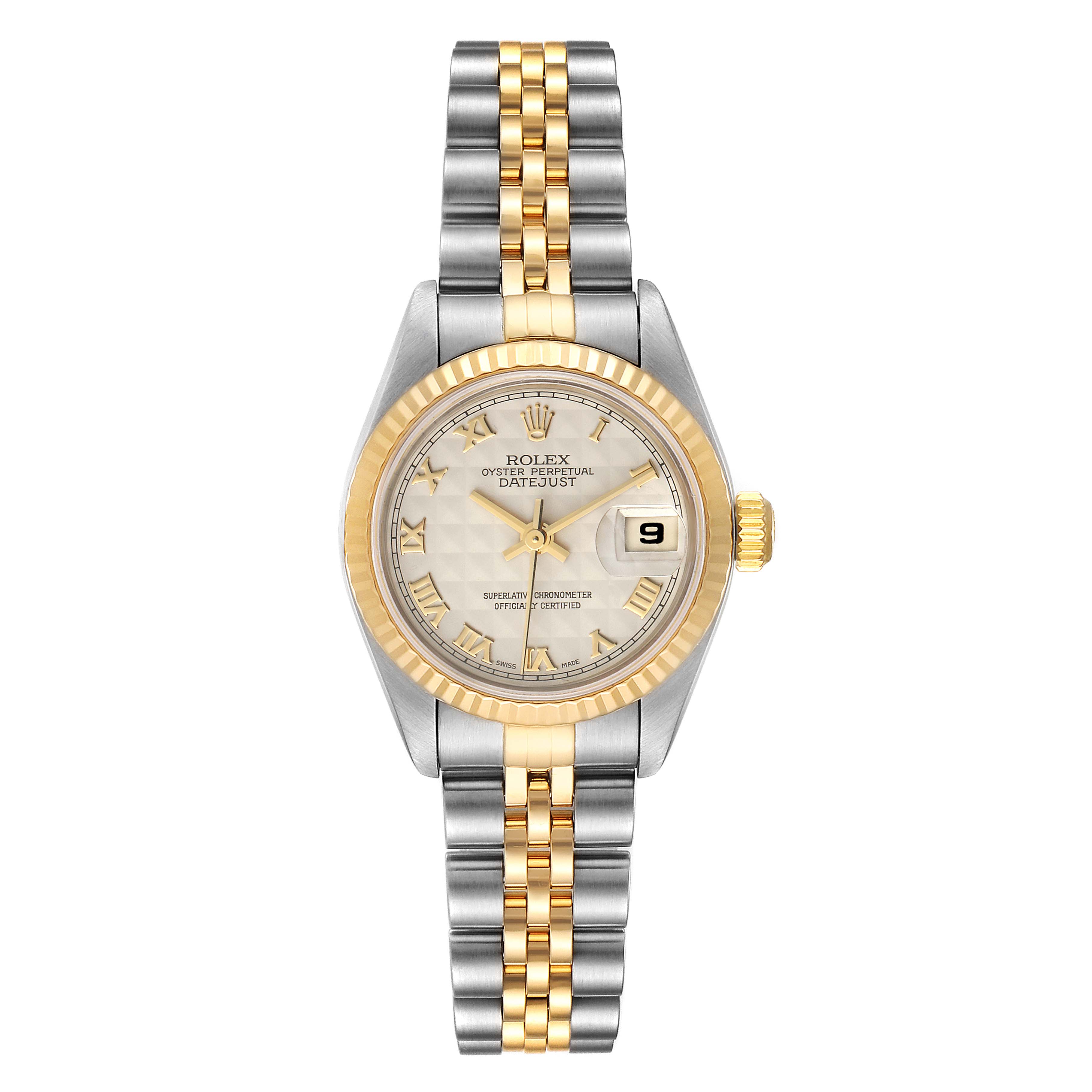 The image shows a Rolex Datejust 79173 Women's Steel and Gold (two tone) Beige Dial 79173 Women's Steel and Gold (two tone) Beige Dial watch from a top-down angle, featuring its gold-silver bracelet, dial, and case.