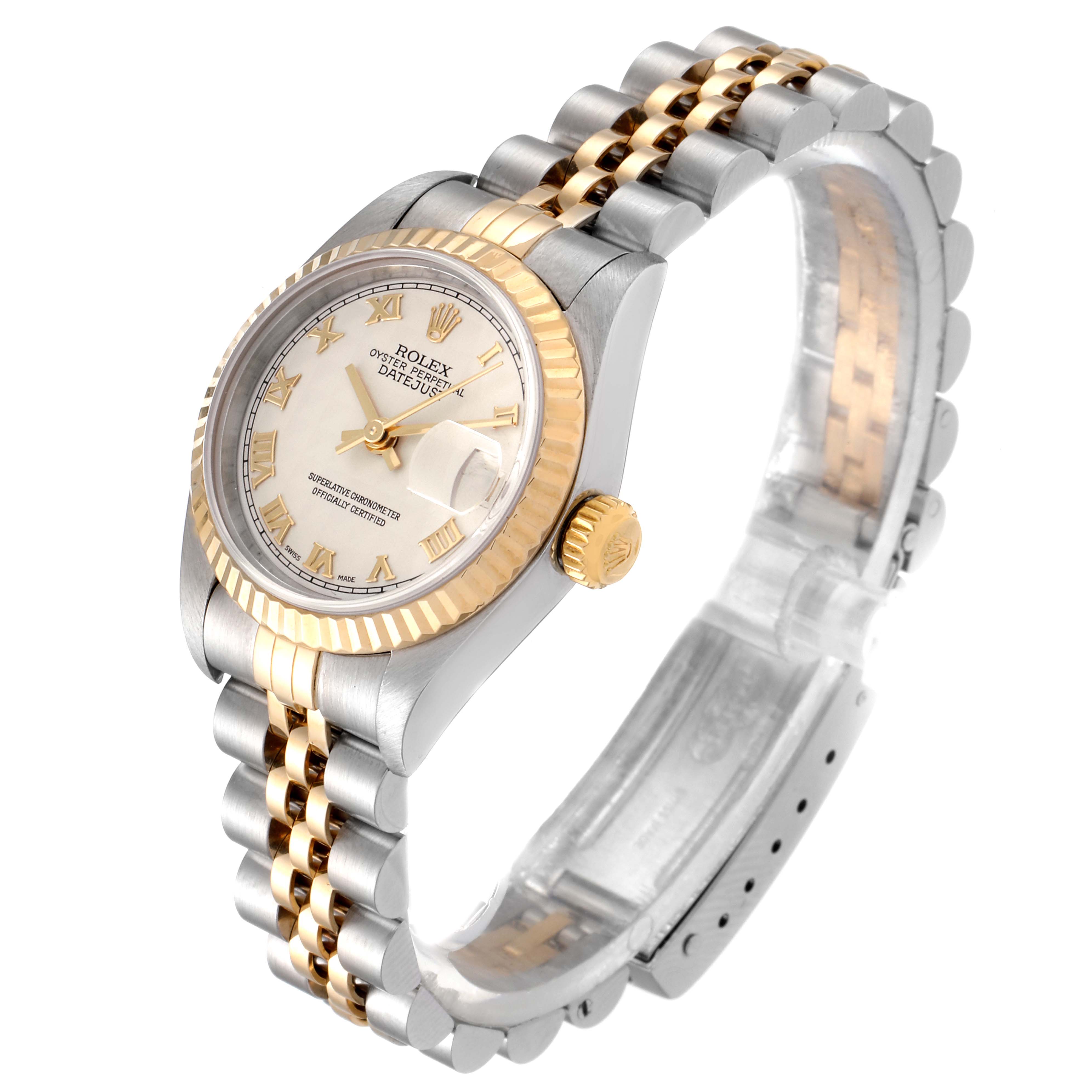 The image shows a Rolex Datejust 79173 Women's Steel and Gold (two tone) Beige Dial 79173 Women's Steel and Gold (two tone) Beige Dial watch from a side angle, highlighting the face, crown, bezel, and part of the two-tone bracelet.