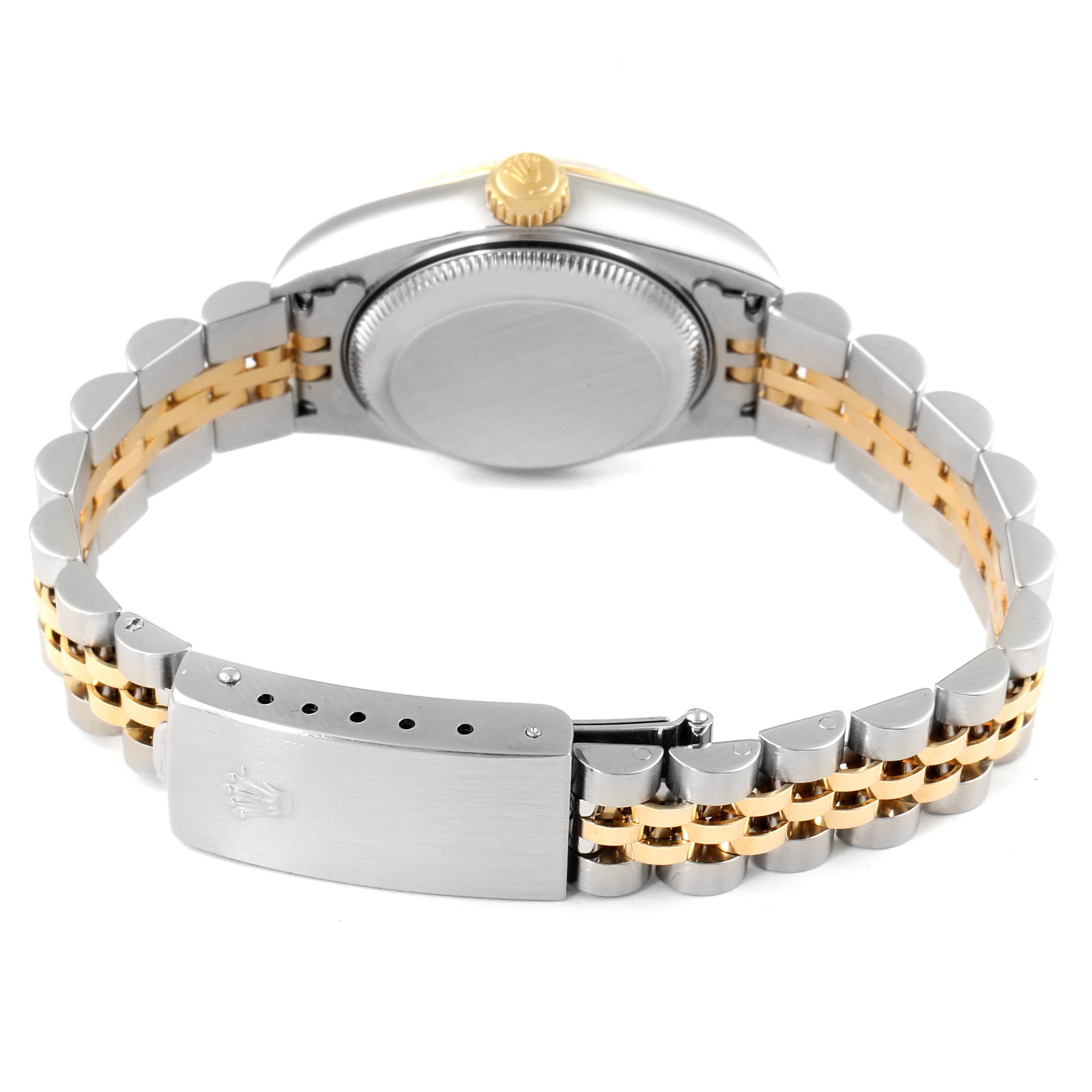 This image shows the back case and bracelet of a Rolex Datejust 79173 Women's Steel and Gold (two tone) Beige Dial 79173 Women's Steel and Gold (two tone) Beige Dial watch, focusing on the clasp and crown.