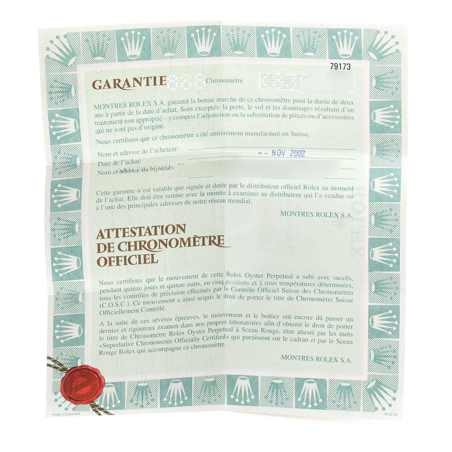 The image shows a warranty and chronometer certificate for a Rolex Datejust 79173 Women's Steel and Gold (two tone) Beige Dial 79173 Women's Steel and Gold (two tone) Beige Dial watch, including a red seal and official text.