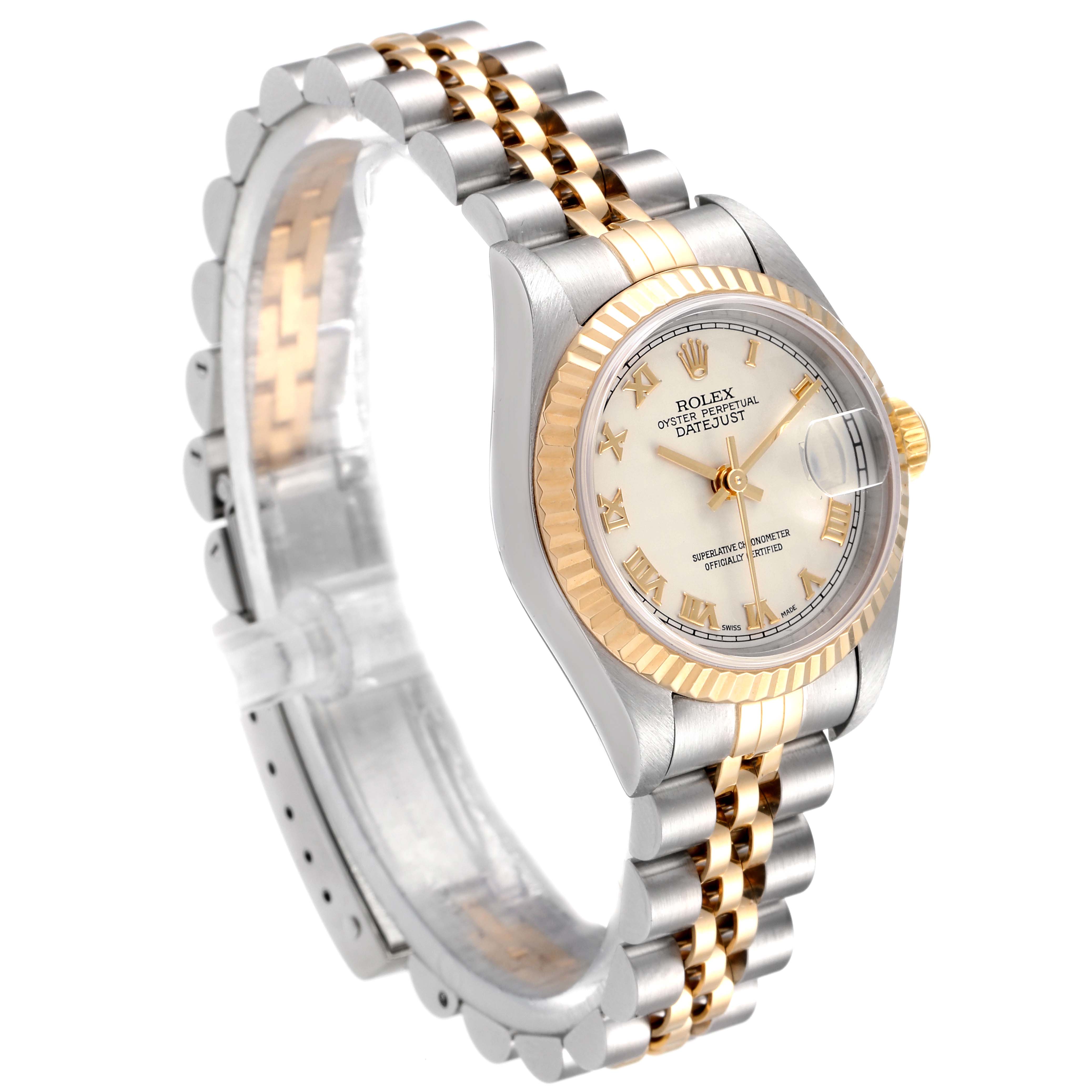 The Rolex Datejust 79173 Women's Steel and Gold (two tone) Beige Dial 79173 Women's Steel and Gold (two tone) Beige Dial watch is shown at an angled view highlighting the dial, bezel, and two-tone bracelet.