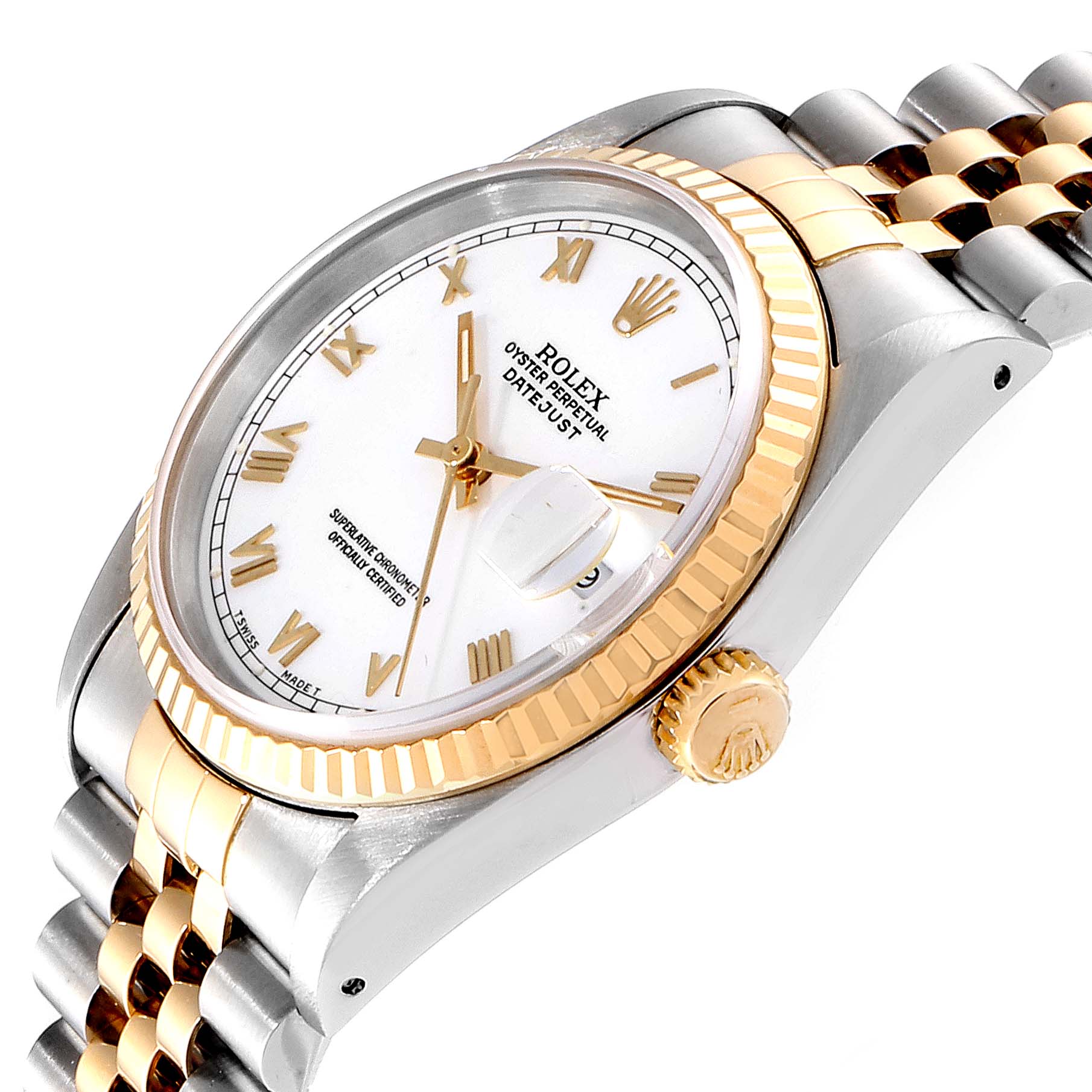 This image shows a Rolex Datejust 16233 Men
s Steel and Gold (two tone) White Dial 16233 Men
s Steel and Gold (two tone) White Dial watch at a slight angle, highlighting its white dial, gold fluted bezel, and two-tone bracelet.