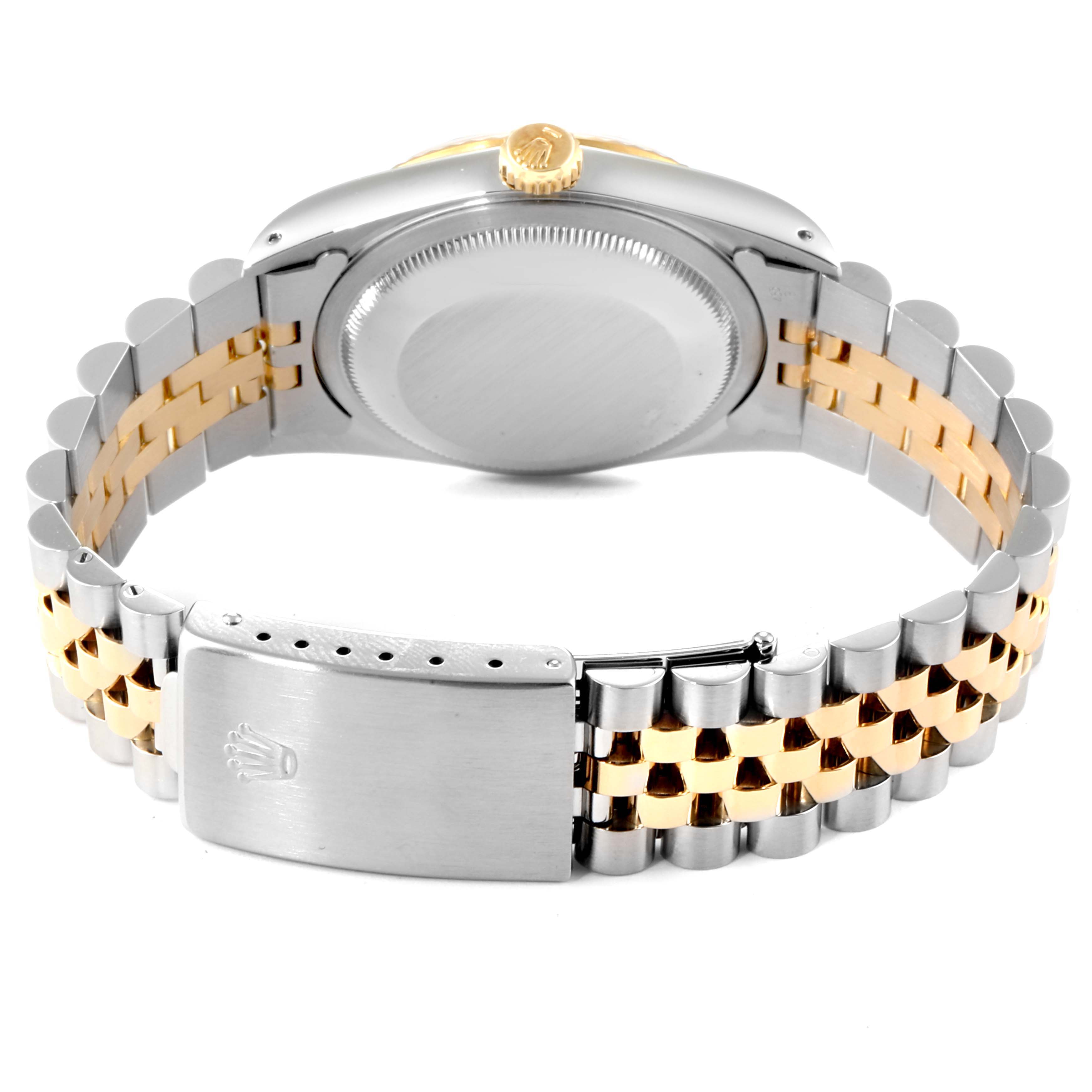 The image shows the Rolex Datejust 16233 Men
s Steel and Gold (two tone) White Dial 16233 Men
s Steel and Gold (two tone) White Dial watch from the back, highlighting the case back and two-tone Jubilee bracelet with the clasp.