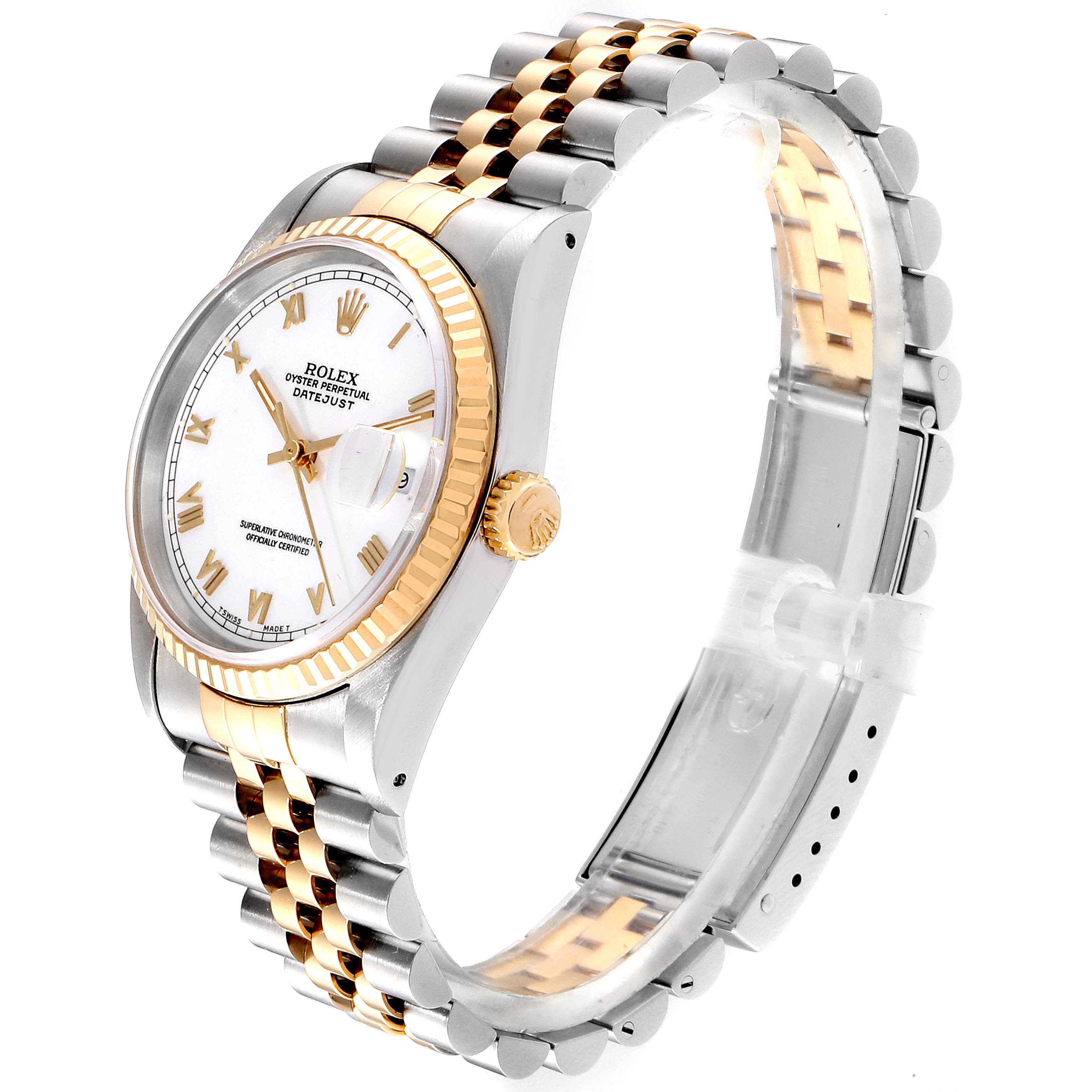 The image shows a Rolex Datejust 16233 Men
s Steel and Gold (two tone) White Dial 16233 Men
s Steel and Gold (two tone) White Dial watch at a side angle, highlighting its bezel, crown, and two-tone bracelet.