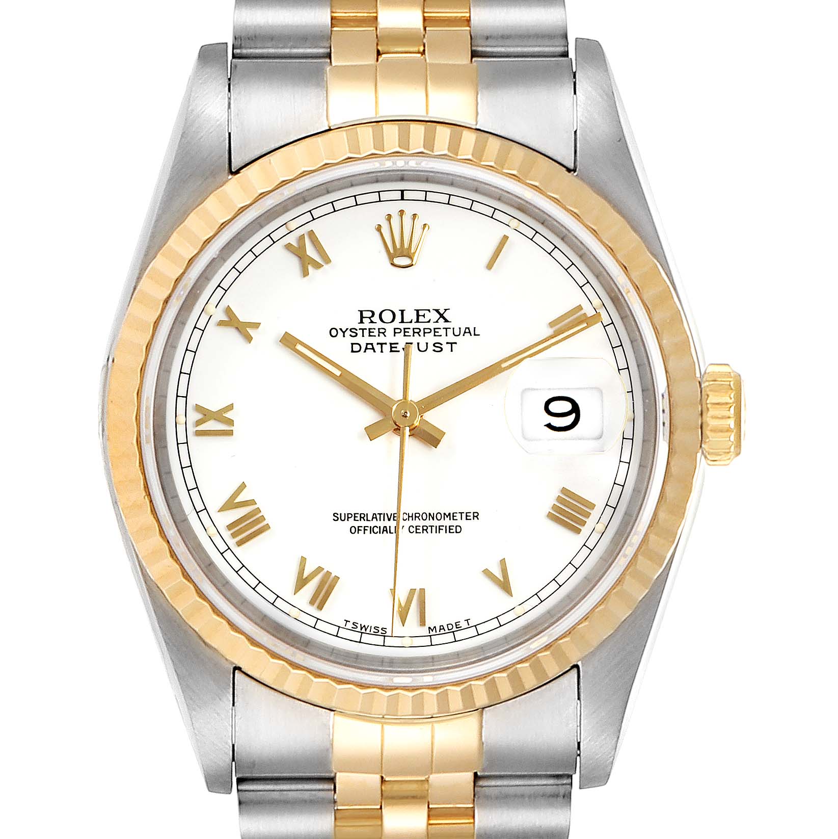 The image shows a front view of the Rolex Datejust 16233 Men
s Steel and Gold (two tone) White Dial 16233 Men
s Steel and Gold (two tone) White Dial watch, highlighting its dial, bezel, crown, and part of the bracelet.