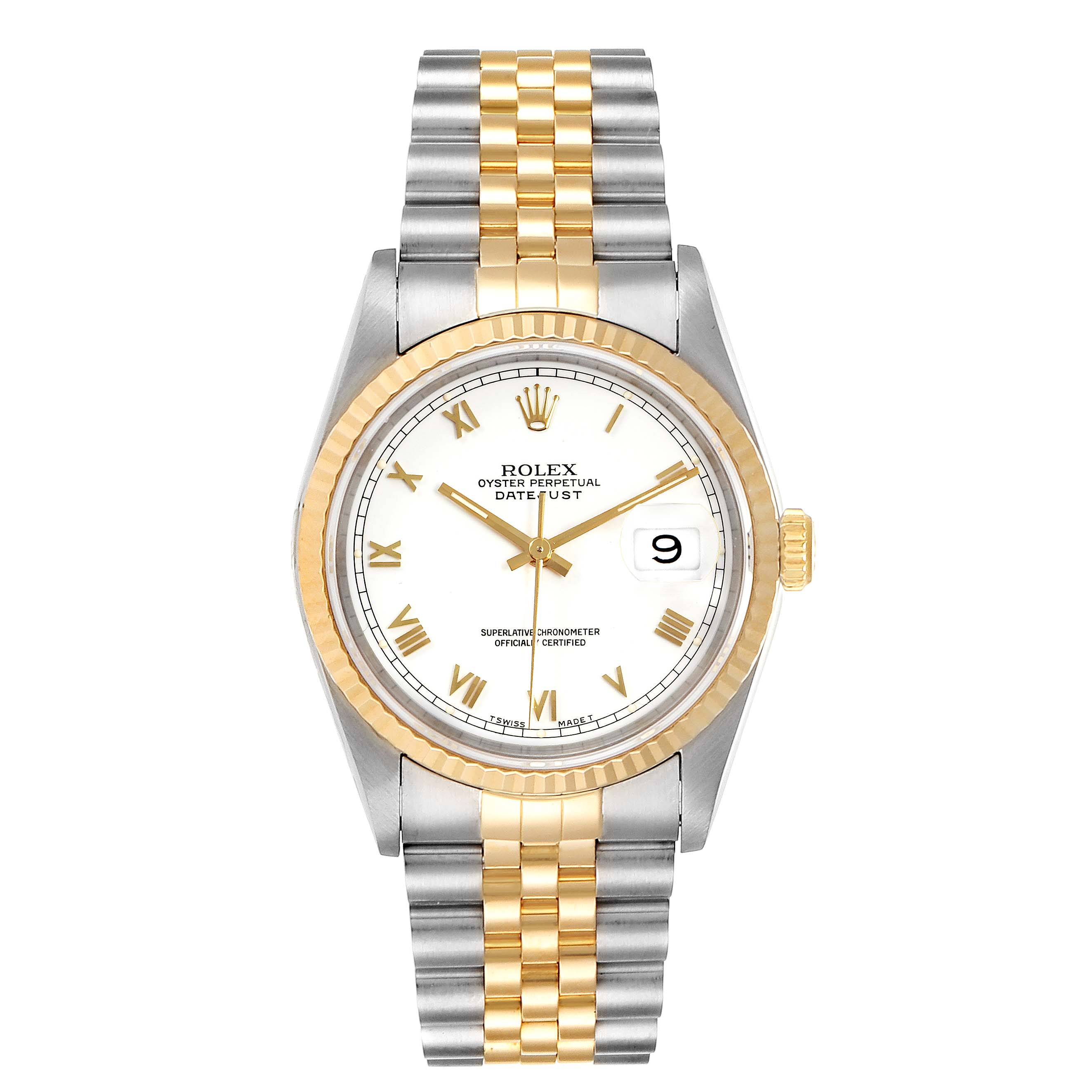 The watch is a Rolex Datejust 16233 Men
s Steel and Gold (two tone) White Dial 16233 Men
s Steel and Gold (two tone) White Dial model, shown from a top view displaying its face, bezel, and two-tone bracelet.