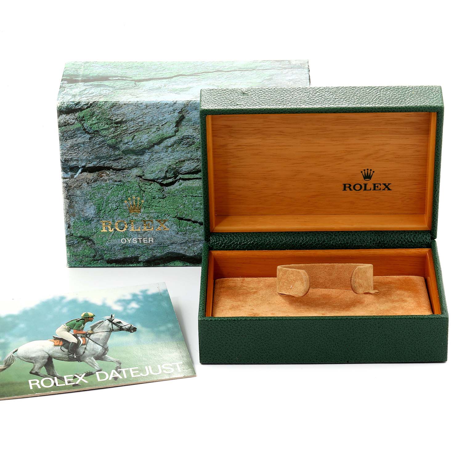 The image shows a Rolex Datejust 16233 Men
s Steel and Gold (two tone) White Dial 16233 Men
s Steel and Gold (two tone) White Dial watch box and its insert, with a matching outer box and booklet.