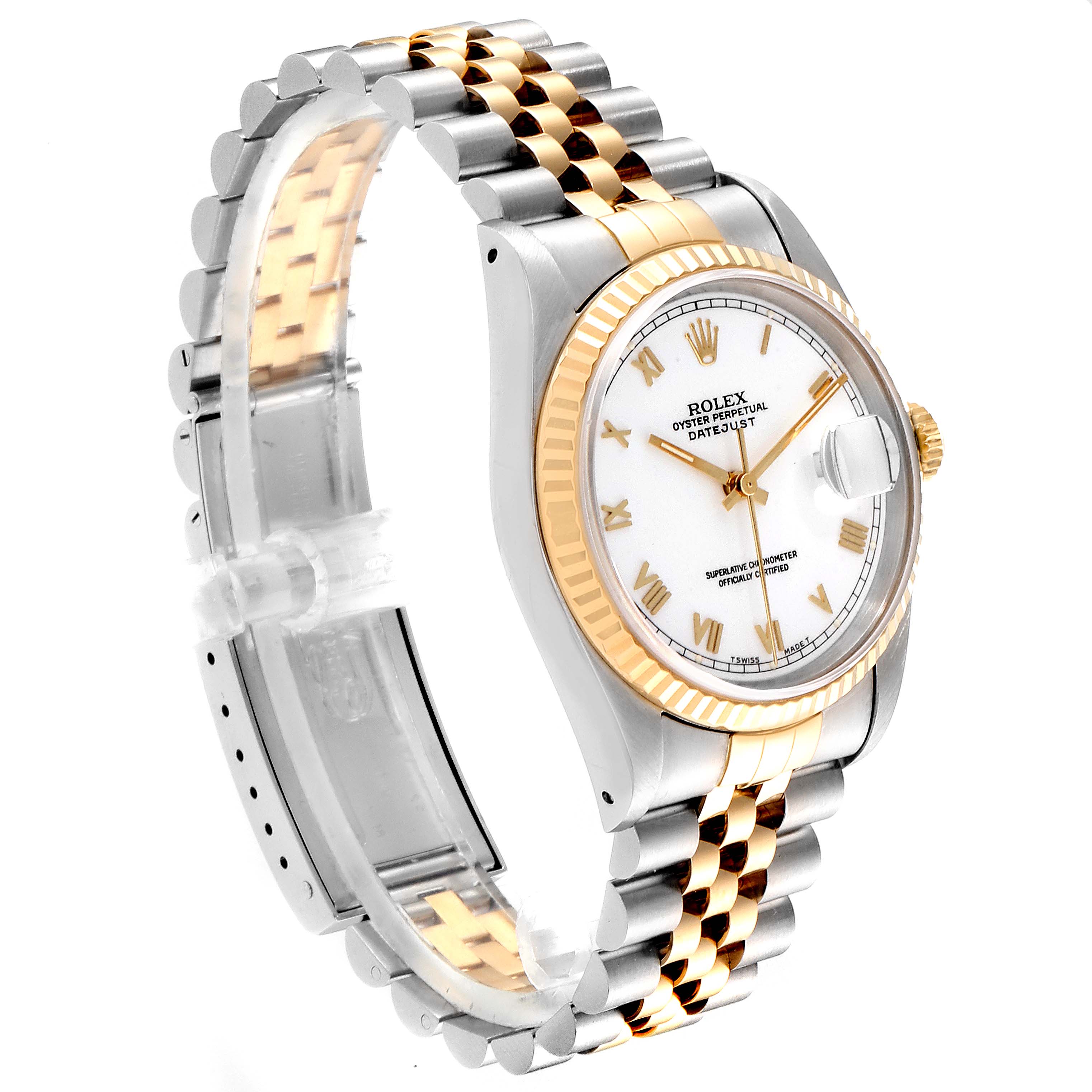 The image shows a side view of a Rolex Datejust 16233 Men
s Steel and Gold (two tone) White Dial 16233 Men
s Steel and Gold (two tone) White Dial watch including its fluted bezel, dial, and two-tone bracelet.