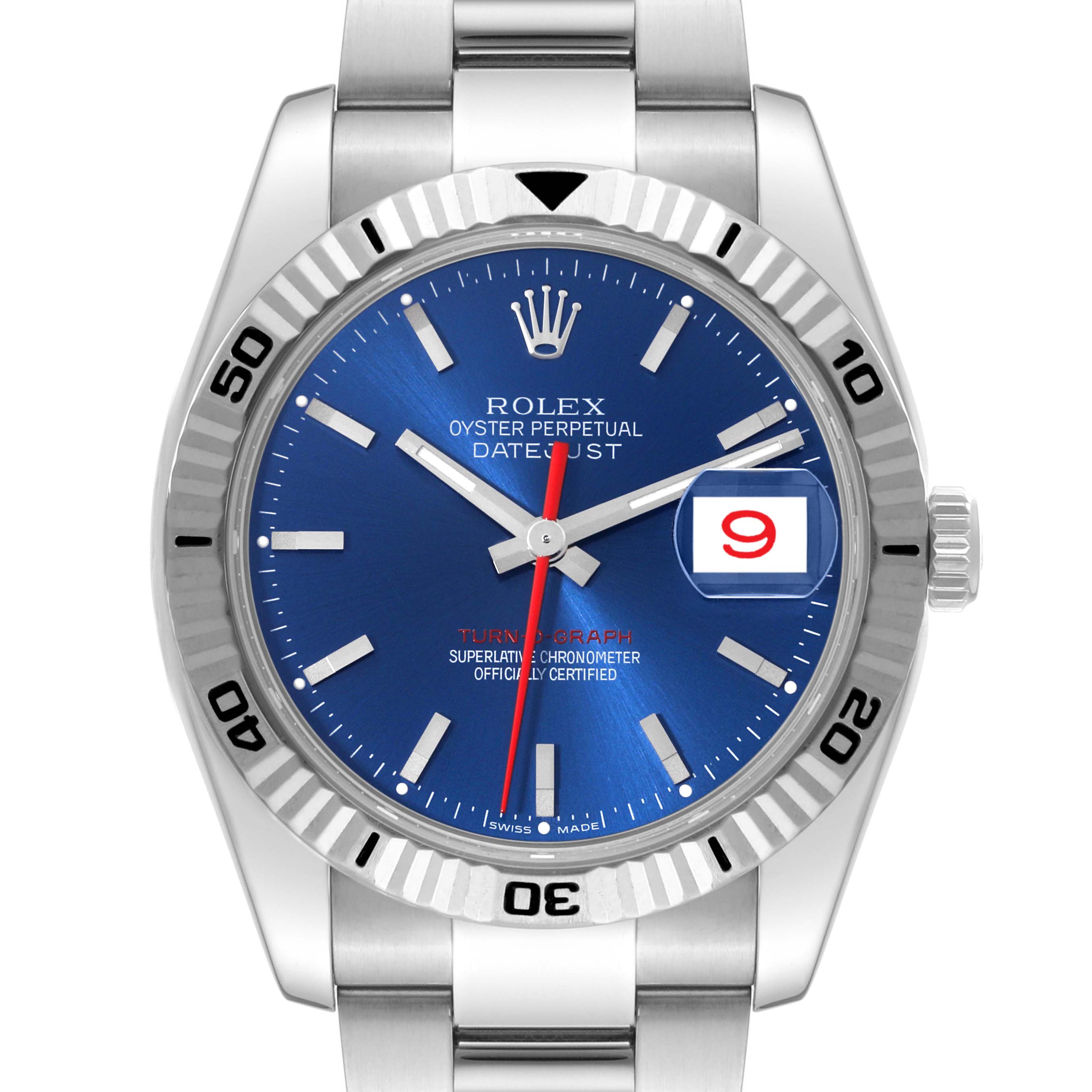 The image shows the face of a Rolex Turn-o-Graph 116264 Men
s Stainless Steel Blue Dial 116264 Men
s Stainless Steel Blue Dial watch, showcasing the bezel, dial, hands, and bracelet from a front angle.