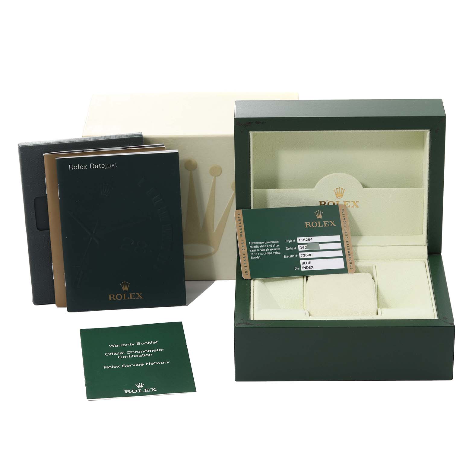The image shows the packaging, warranty card, and booklets for a Rolex Turn-o-Graph 116264 Men
s Stainless Steel Blue Dial 116264 Men
s Stainless Steel Blue Dial watch, with the box opened and papers displayed.