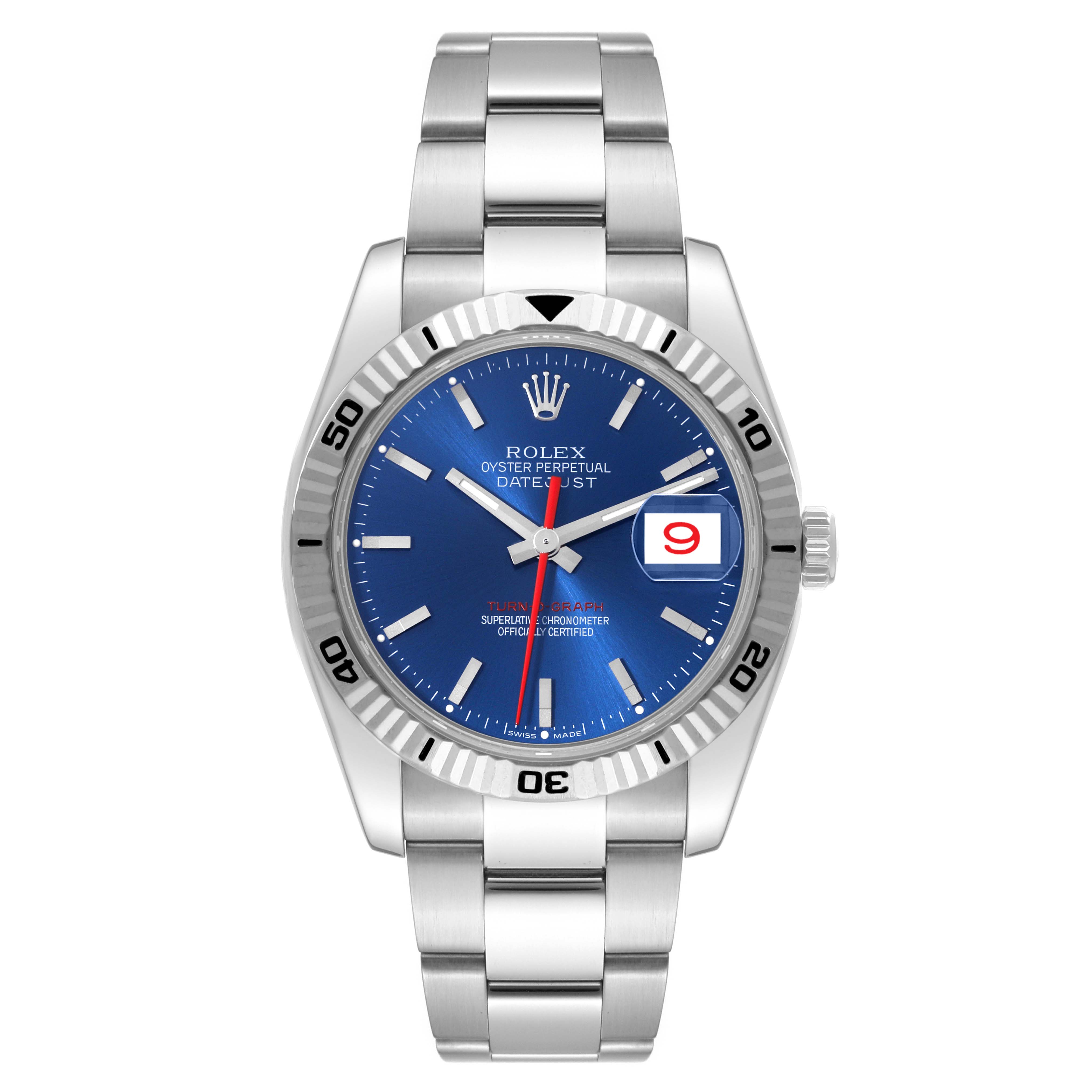 The Rolex Turn-o-Graph 116264 Men
s Stainless Steel Blue Dial 116264 Men
s Stainless Steel Blue Dial model is shown from a top-down angle, highlighting the face, bezel, and bracelet.