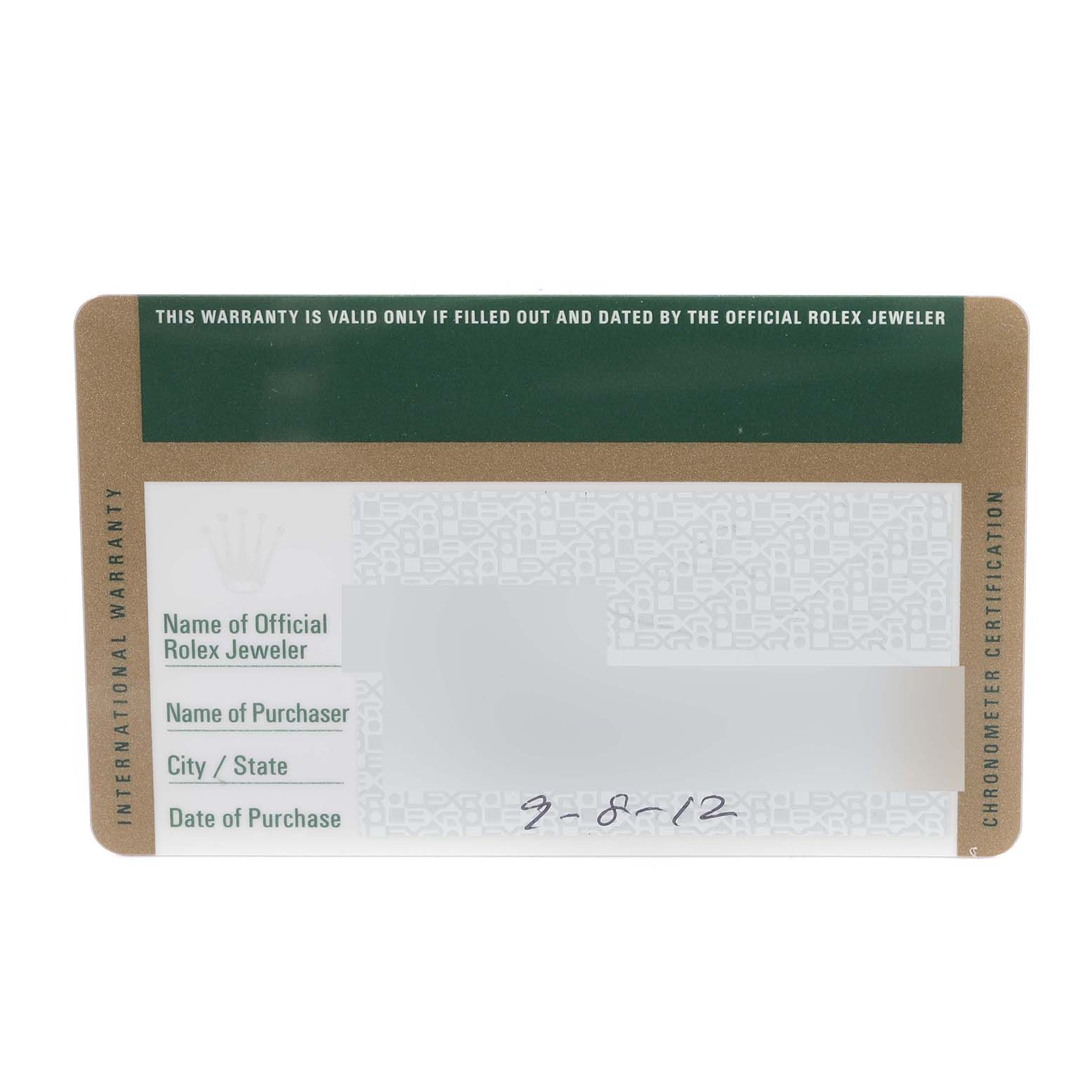 This image shows an international warranty card for a Rolex Turn-o-Graph 116264 Men
s Stainless Steel Blue Dial 116264 Men
s Stainless Steel Blue Dial watch.