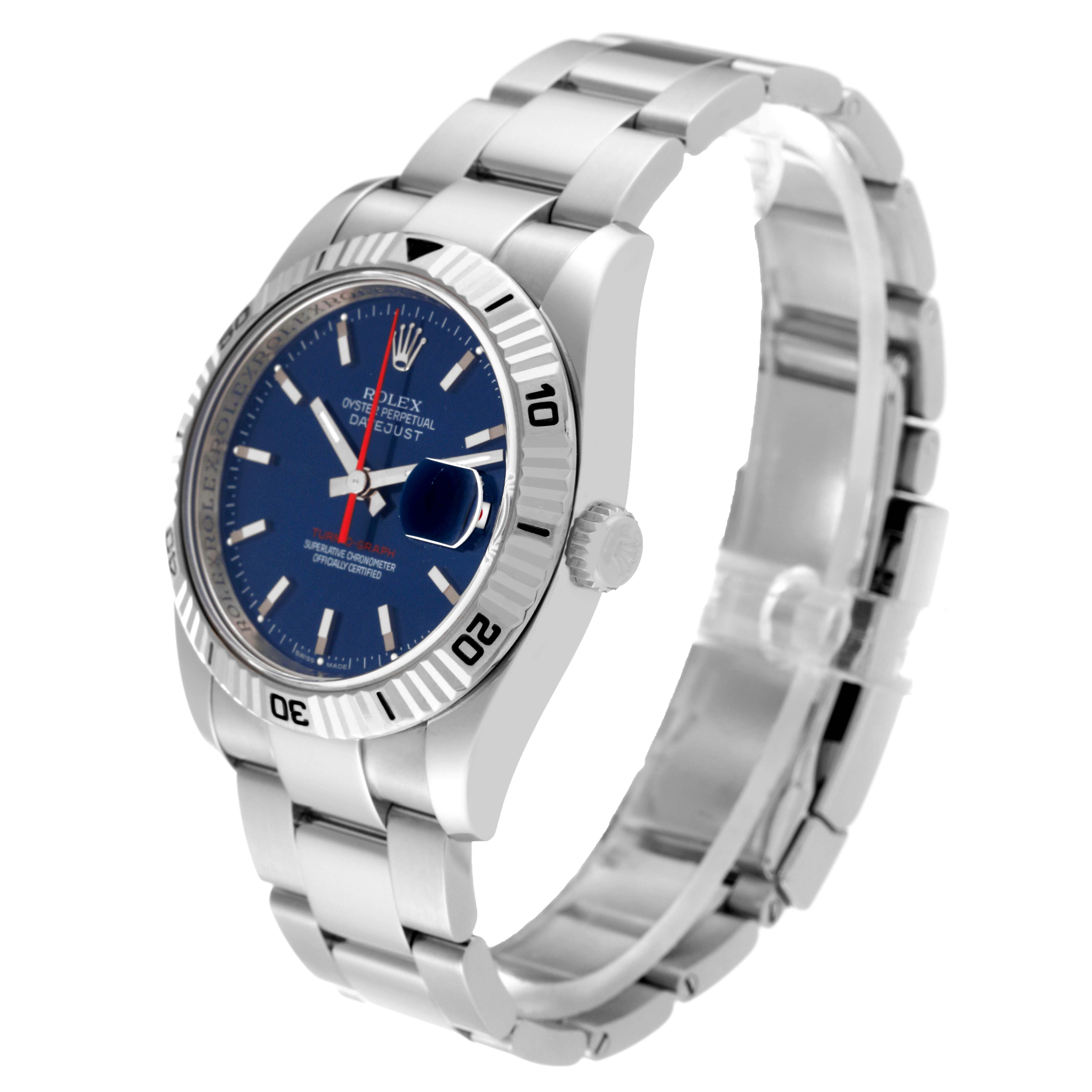The Rolex Turn-o-Graph 116264 Men
s Stainless Steel Blue Dial 116264 Men
s Stainless Steel Blue Dial watch is shown at an angle displaying the blue dial, bezel, crown, and stainless steel bracelet.