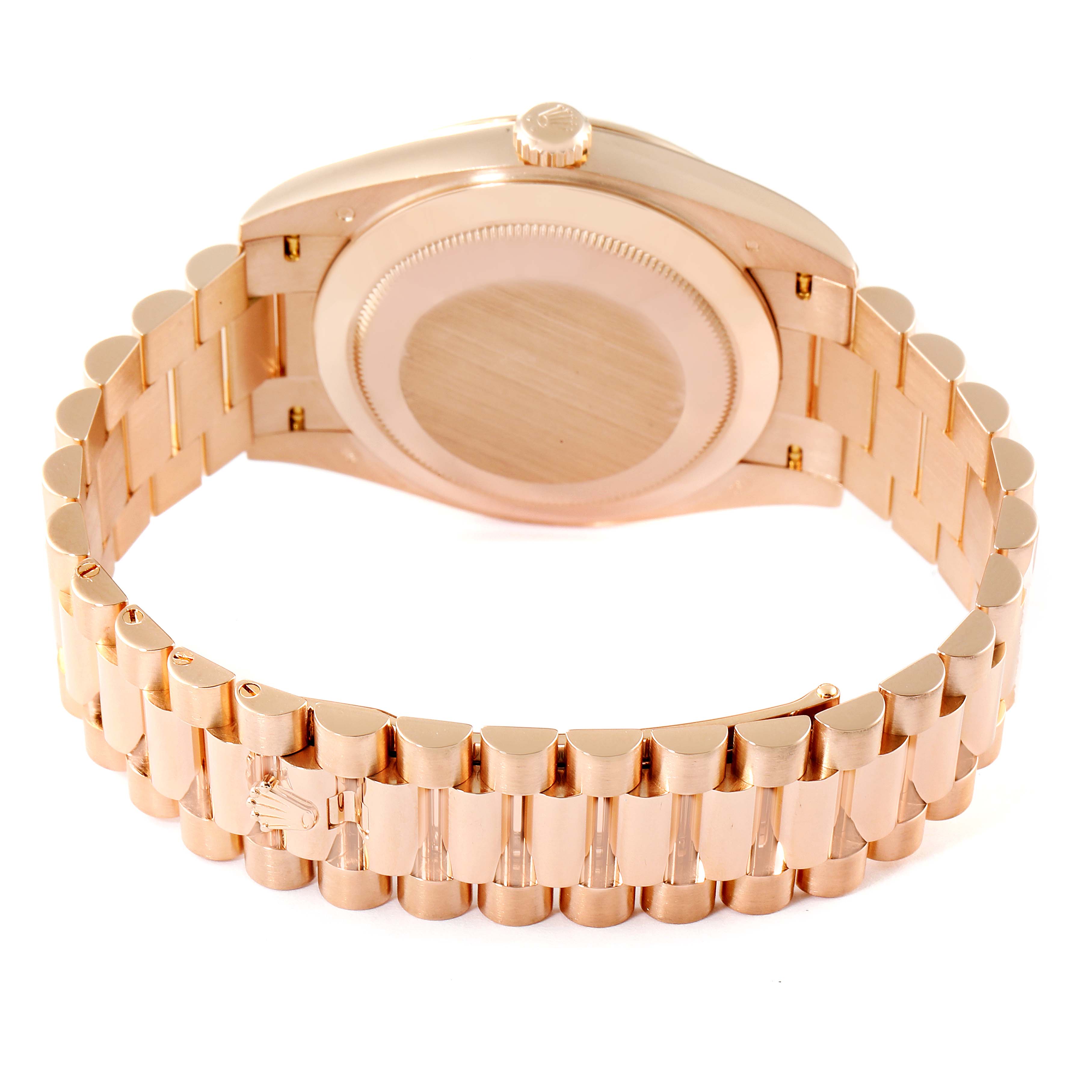 The image shows the back view of a Rolex President 228235 Men's Rose Gold Pink Dial 228235 Men's Rose Gold Pink Dial model watch, highlighting the bracelet and case back.