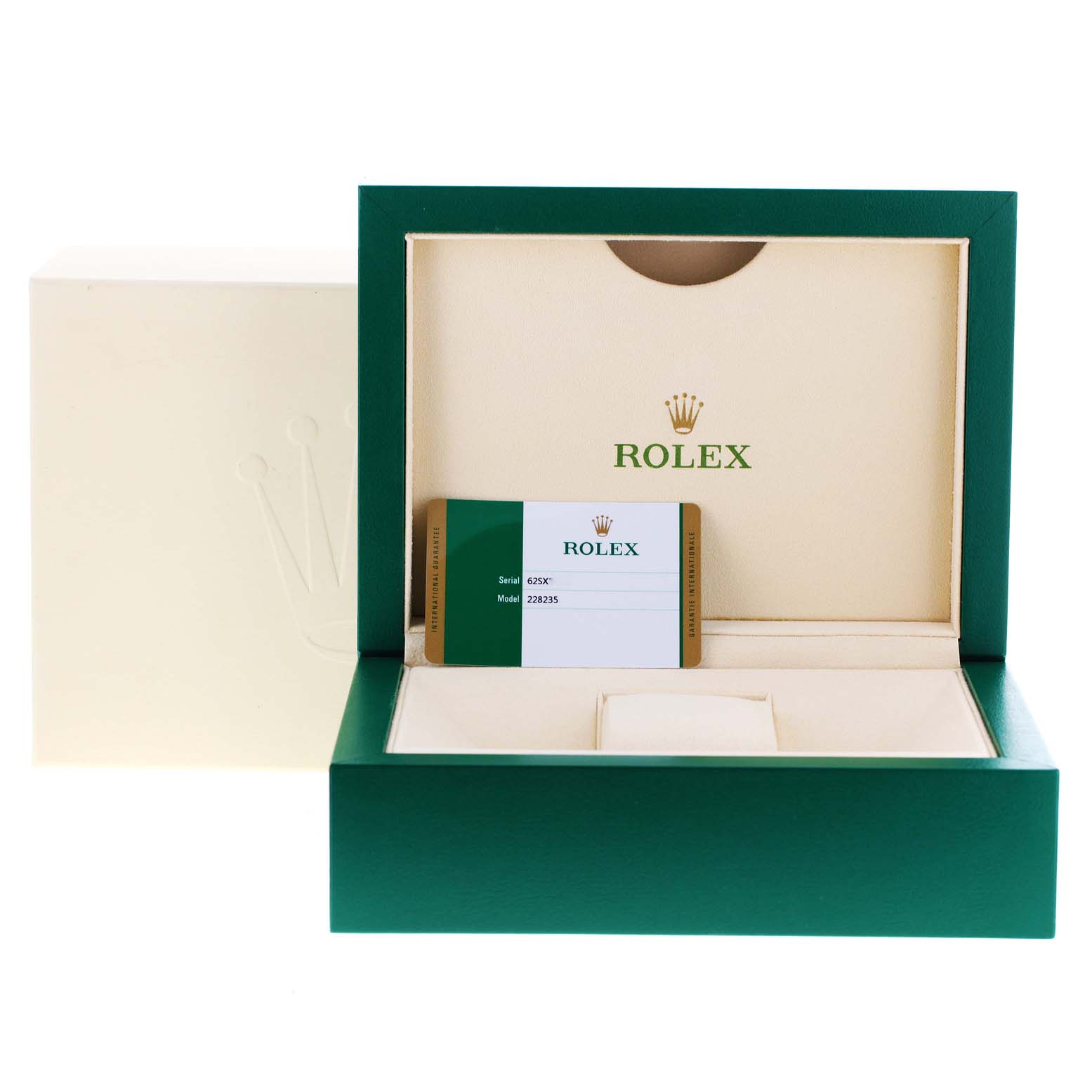 The image displays the packaging and authentication card for a Rolex President 228235 Men's Rose Gold Pink Dial 228235 Men's Rose Gold Pink Dial model watch.