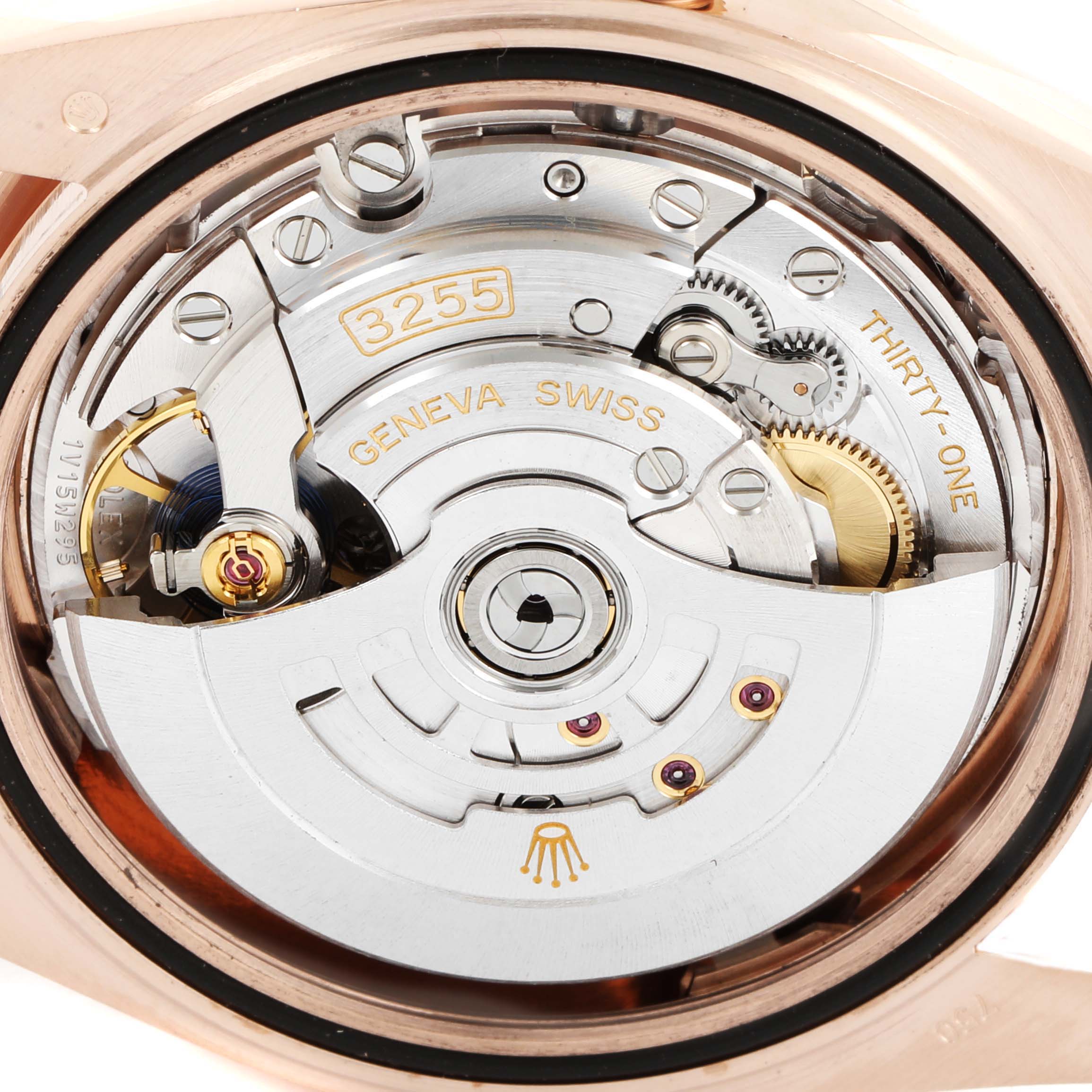 This image shows the internal movement mechanism of a Rolex President 228235 Men's Rose Gold Pink Dial 228235 Men's Rose Gold Pink Dial model watch from a rear angle.