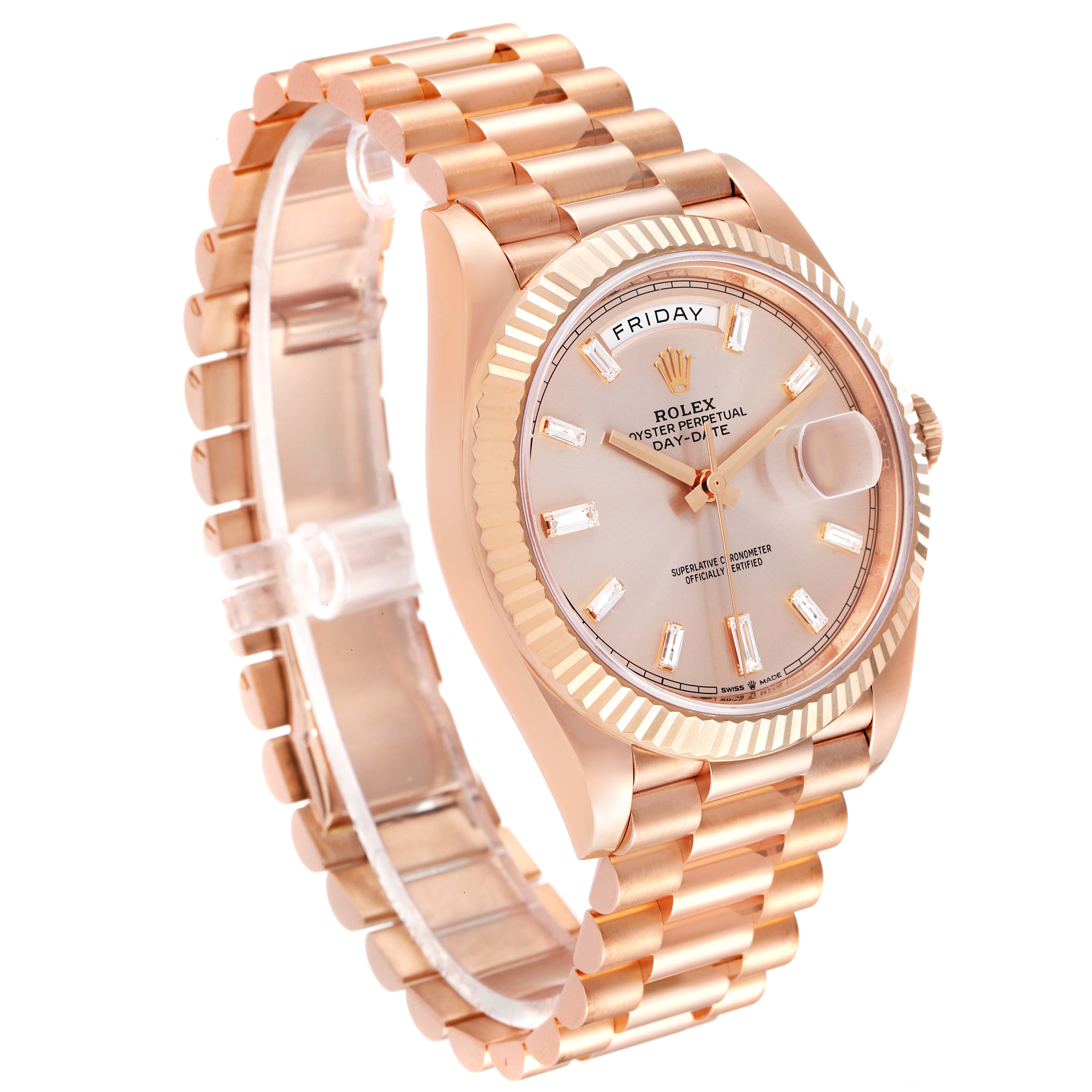 The image shows a rose gold Rolex President 228235 Men's Rose Gold Pink Dial 228235 Men's Rose Gold Pink Dial model watch from a slightly angled side view, highlighting its band, bezel, and dial.