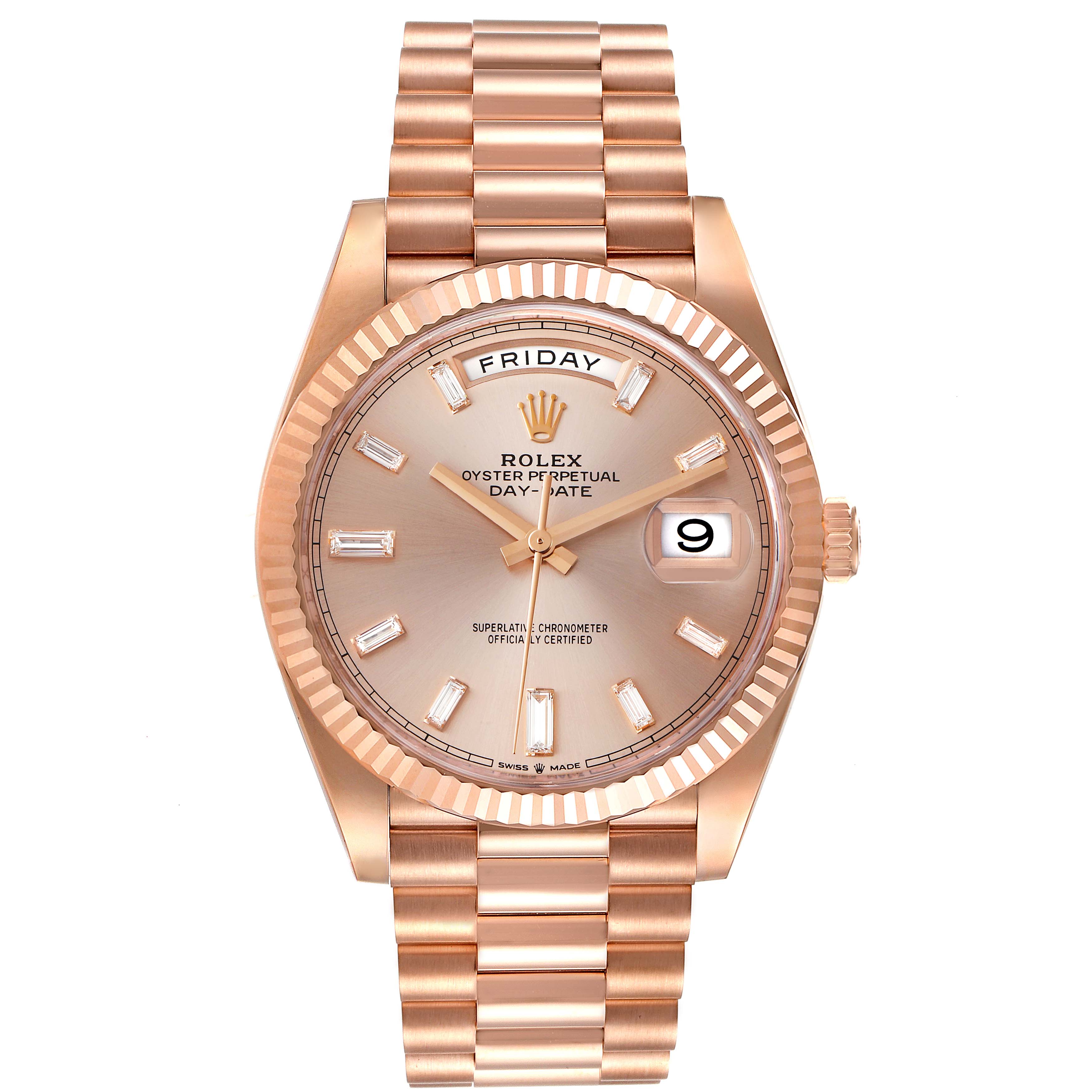 This is a front view of the Rolex Oyster Perpetual Day-Date President model, showcasing the dial, bezel, bracelet, and crown.