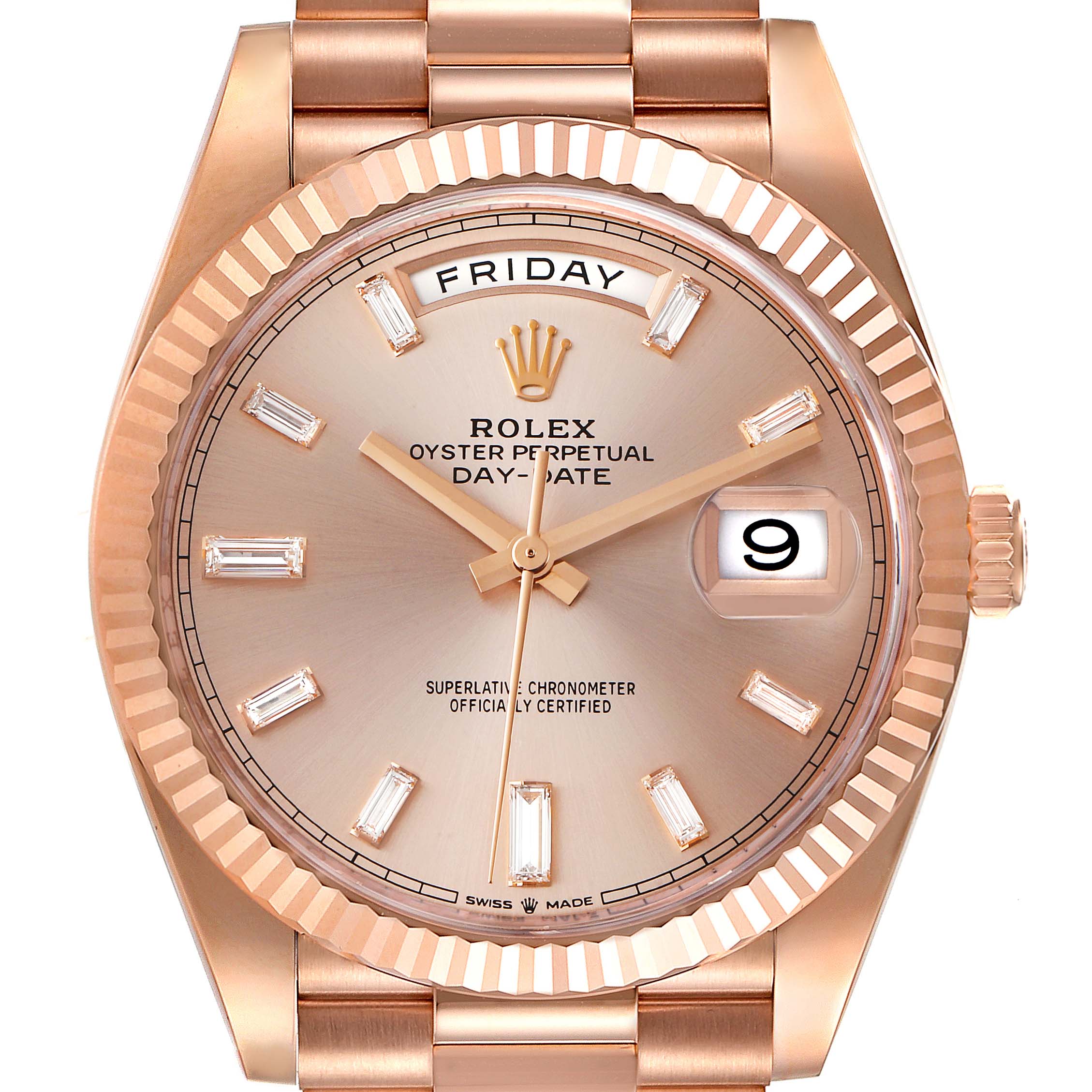 This image shows a close-up of the dial, bezel, crown, and bracelet of the Rolex President 228235 Men's Rose Gold Pink Dial 228235 Men's Rose Gold Pink Dial Day-Date watch.