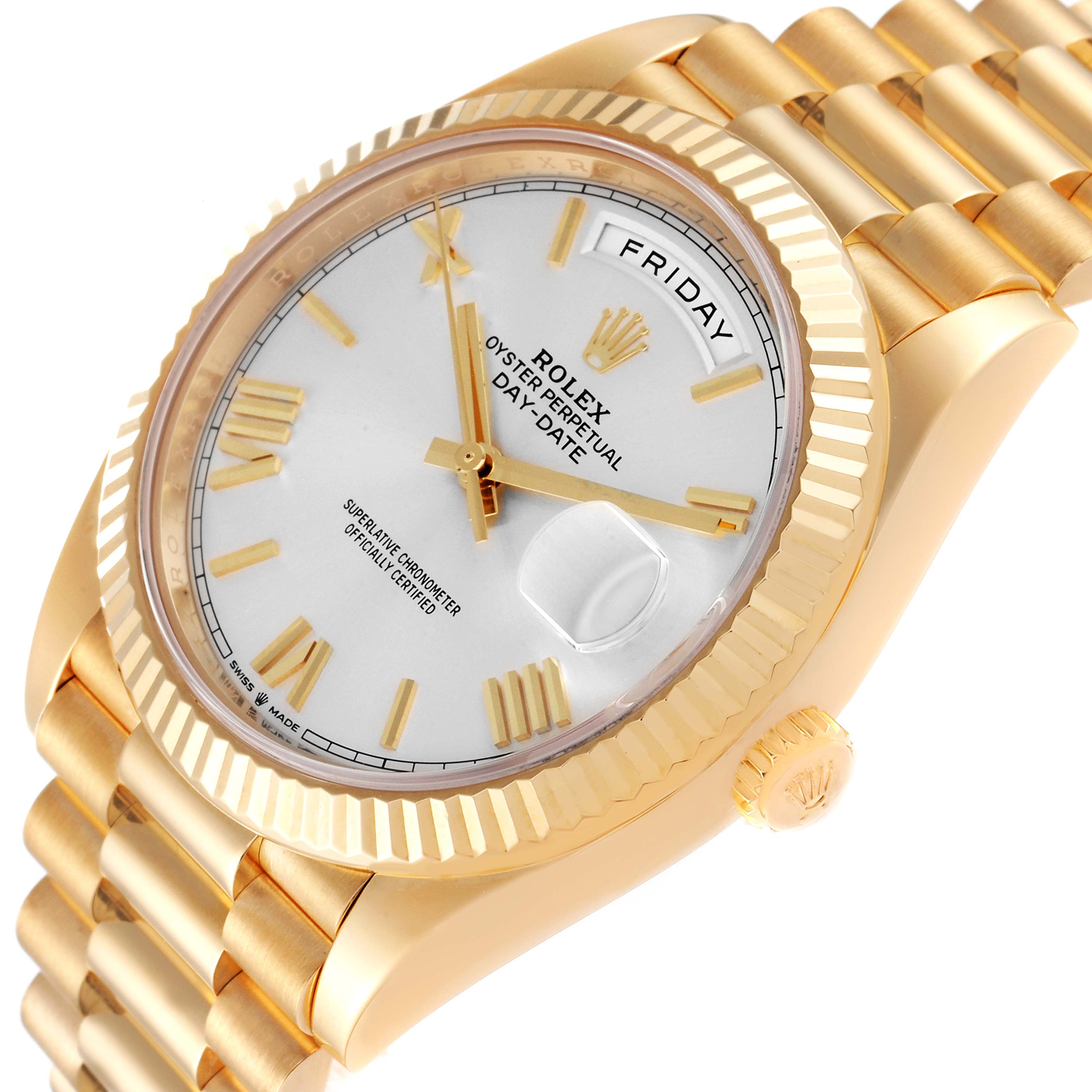The Rolex President 218238 Men's Yellow Gold Silver Dial 218238 Men's Yellow Gold Silver Dial model watch is shown from an oblique angle, highlighting the dial, bezel, bracelet, and crown.