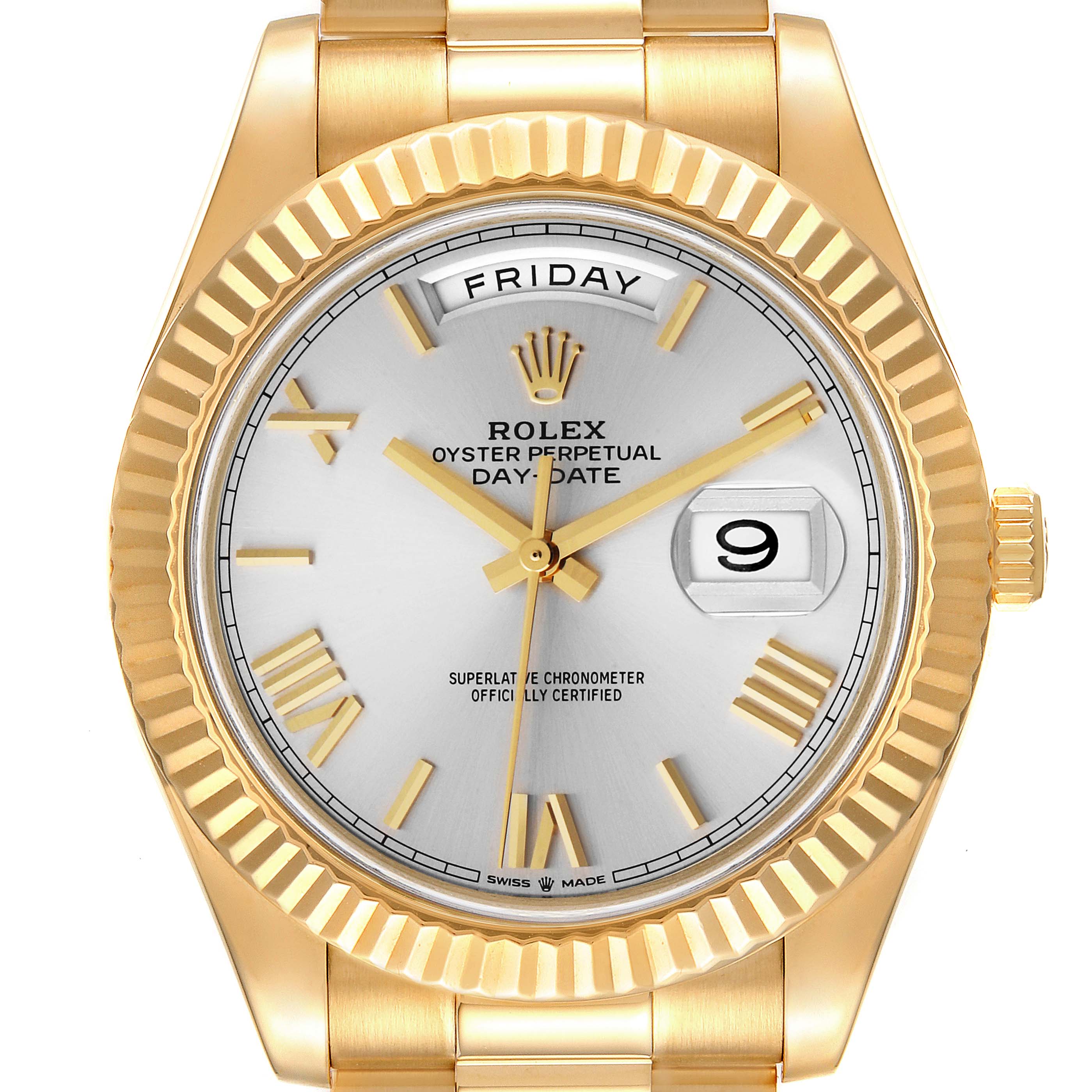 This image shows a frontal view of a Rolex President 218238 Men's Yellow Gold Silver Dial 218238 Men's Yellow Gold Silver Dial model watch, featuring its bezel, dial, hands, day-date display, and bracelet.