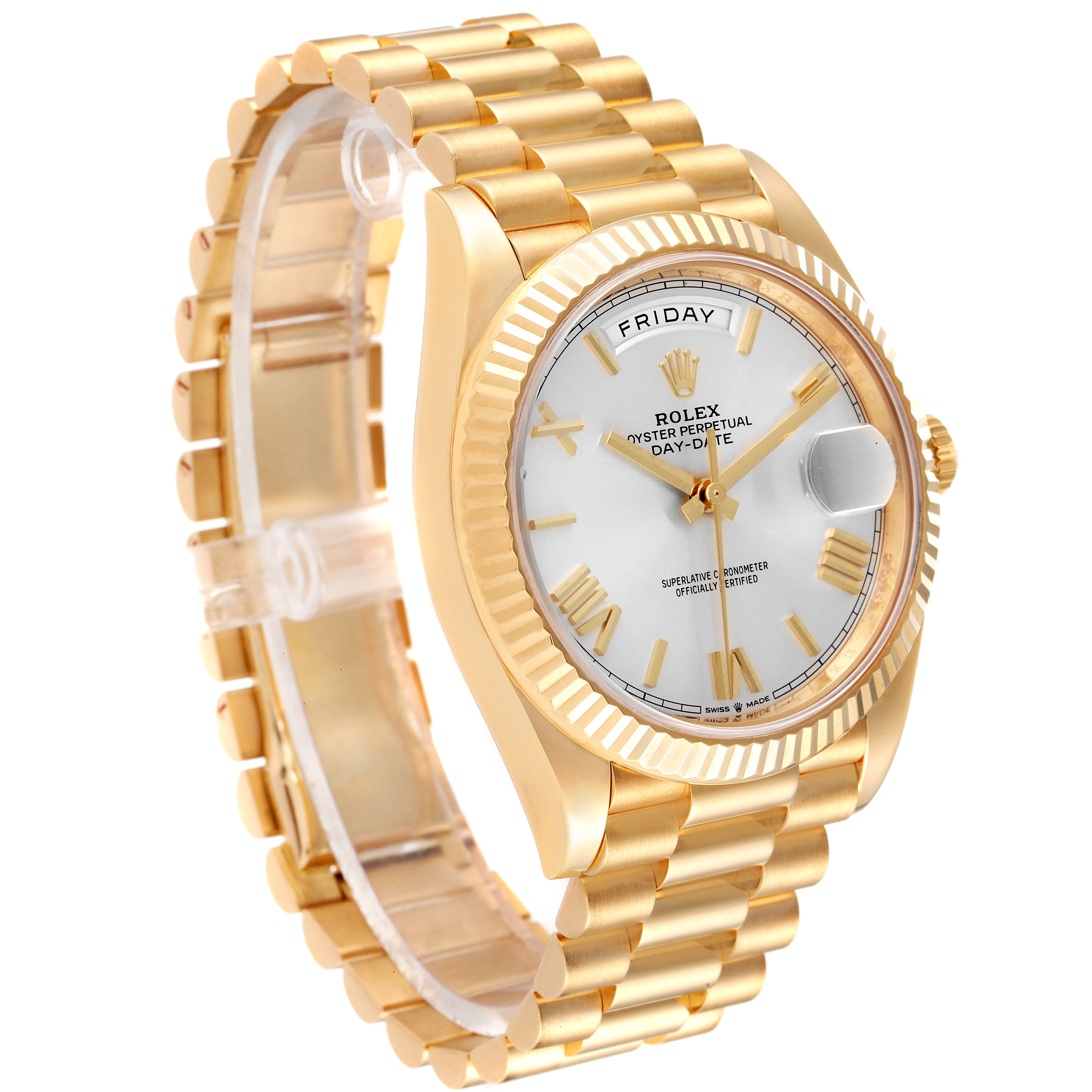 The Rolex President 218238 Men's Yellow Gold Silver Dial 218238 Men's Yellow Gold Silver Dial model watch is shown at a three-quarter angle, displaying its face, bezel, and bracelet.